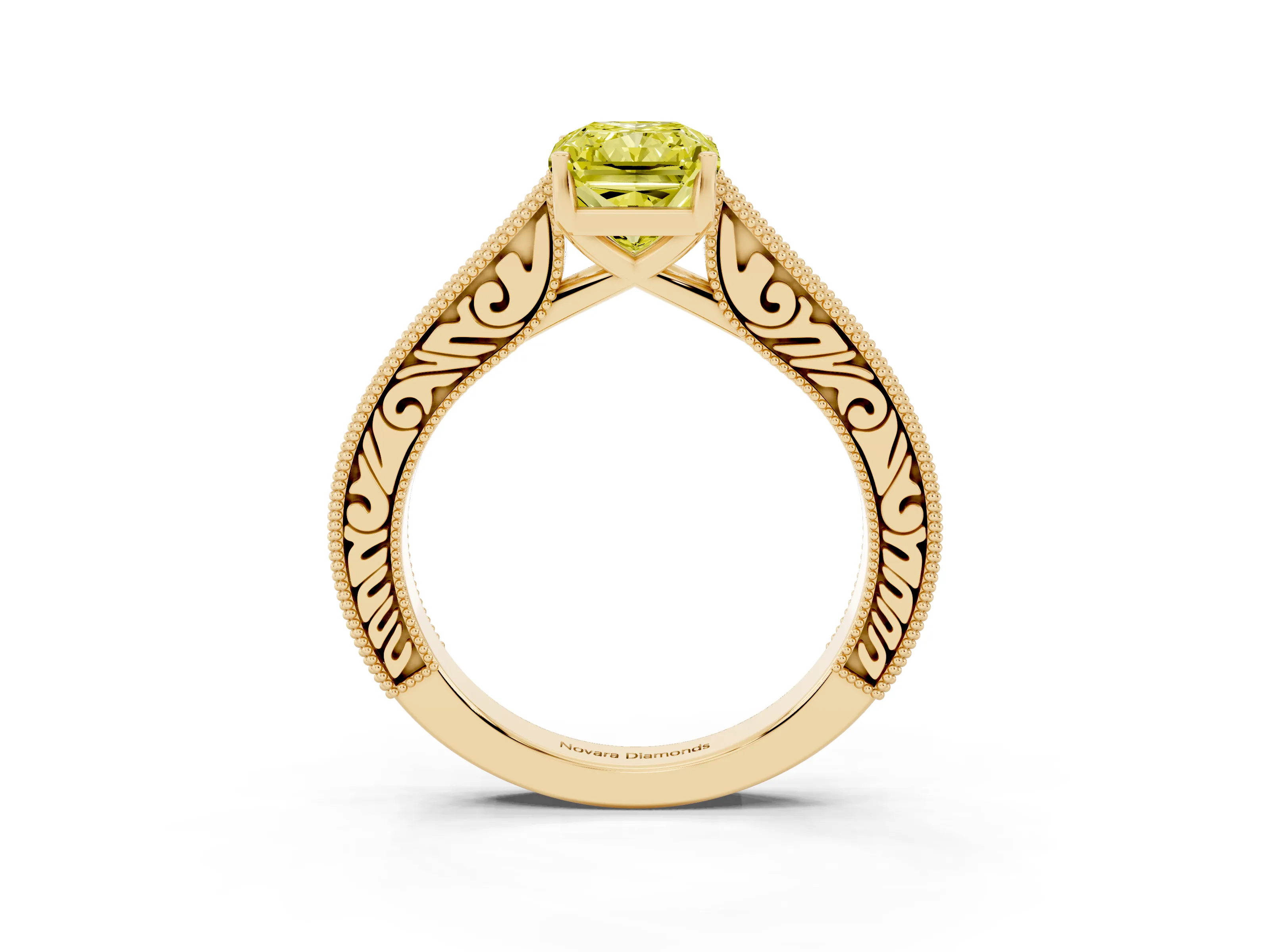 Fancy Yellow Radiant Cut Diamond Milgrain Pavé Band Solitaire Ring Set in Yellow gold with Prong Setting