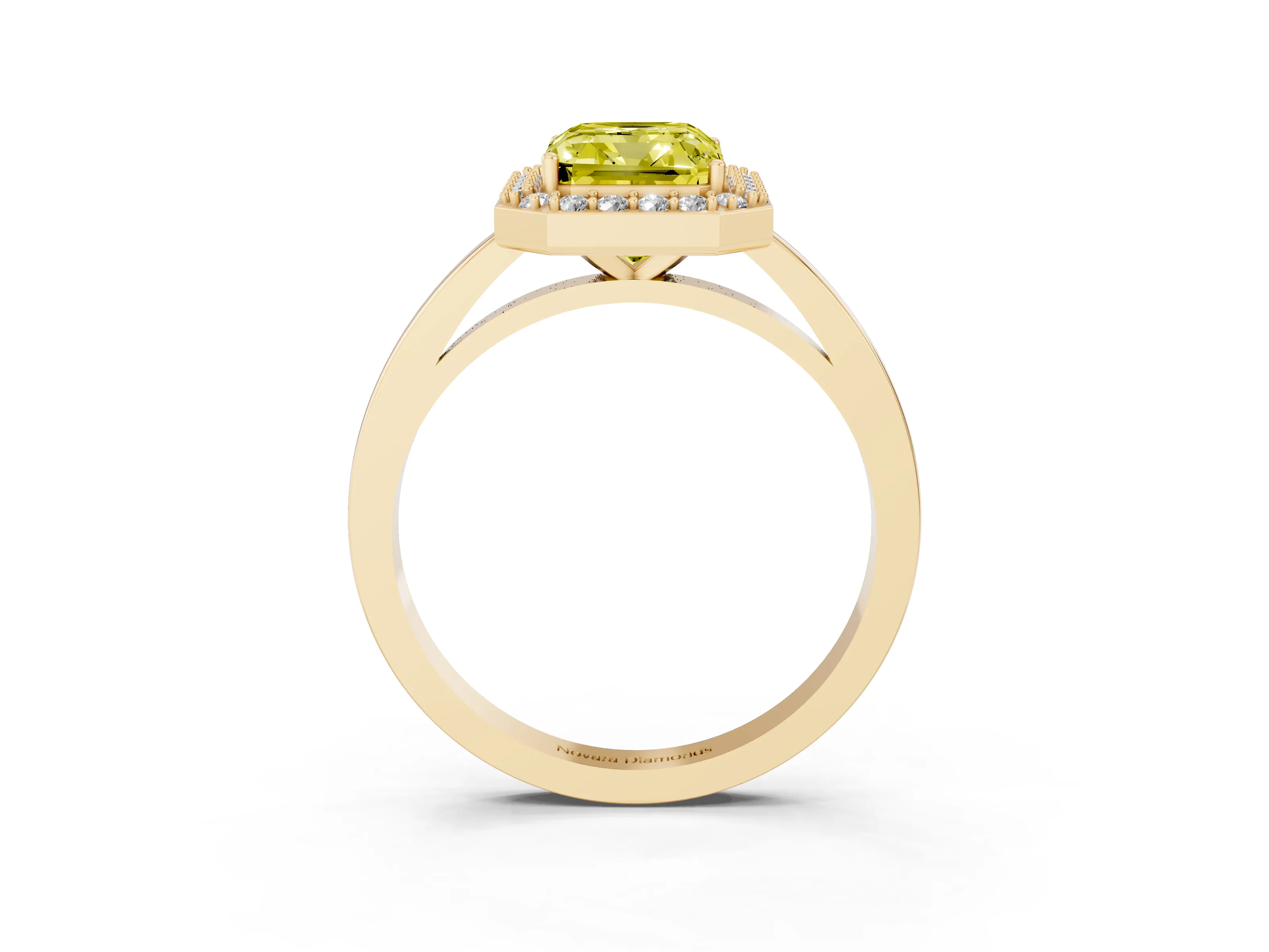 Fancy Yellow Radiant Cut Diamond Halo Ring Set in Yellow gold with Solitaire Band and Prong Setting
