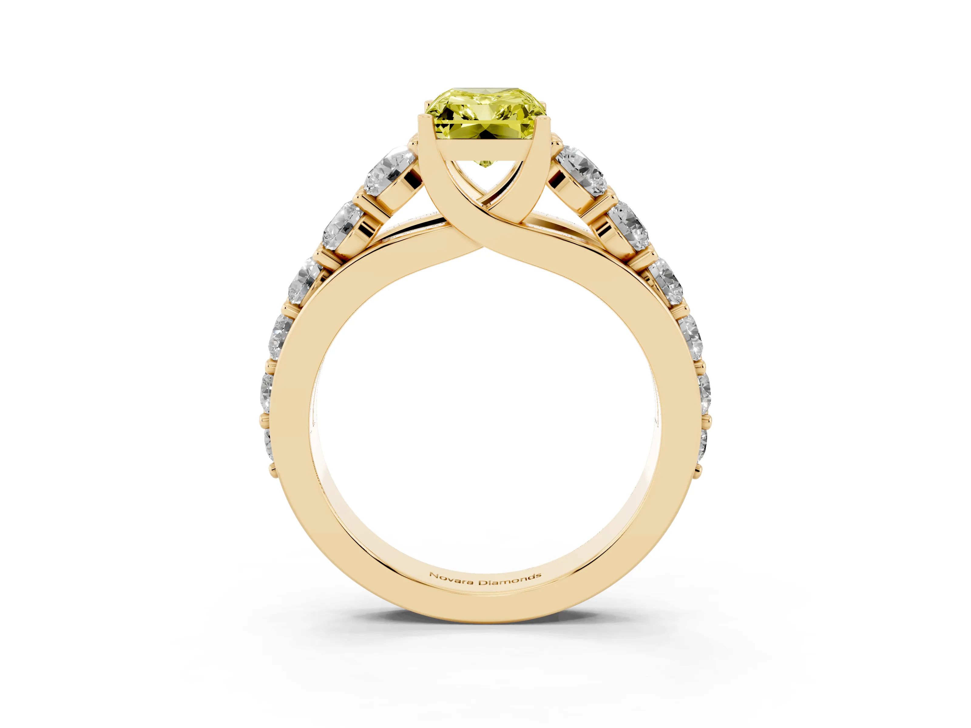 Fancy Yellow Radiant Cut Diamond Pavé Engagement Ring Set in Yellow gold with Prong Setting