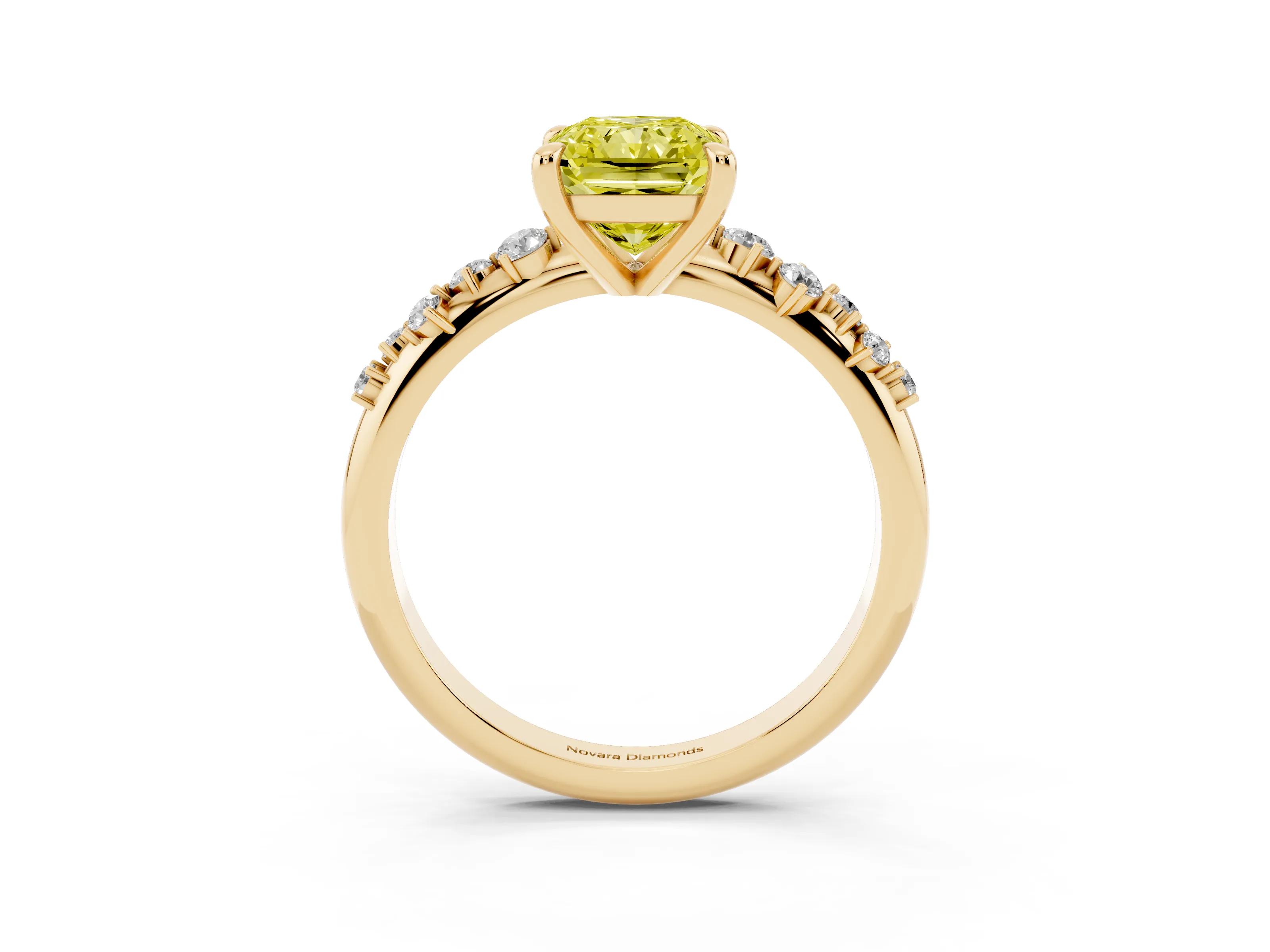 Fancy Yellow Radiant Cut Diamond Solitaire Vine Band Ring Set in Yellow gold with Round Accents and Prong Setting