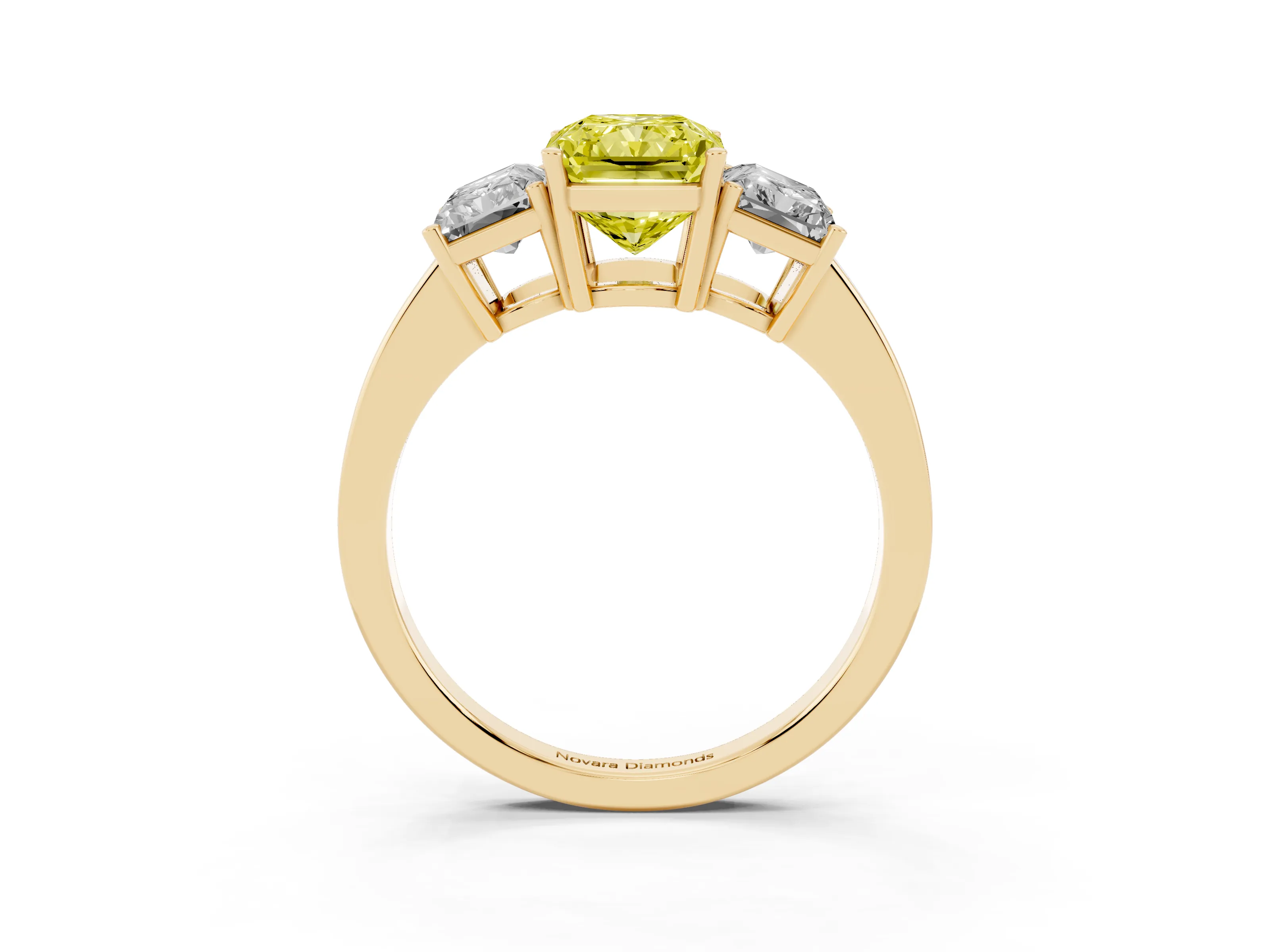 Fancy Yellow Radiant Cut Diamond Three-Stone Engagement Ring Set in Yellow gold with Flat Band