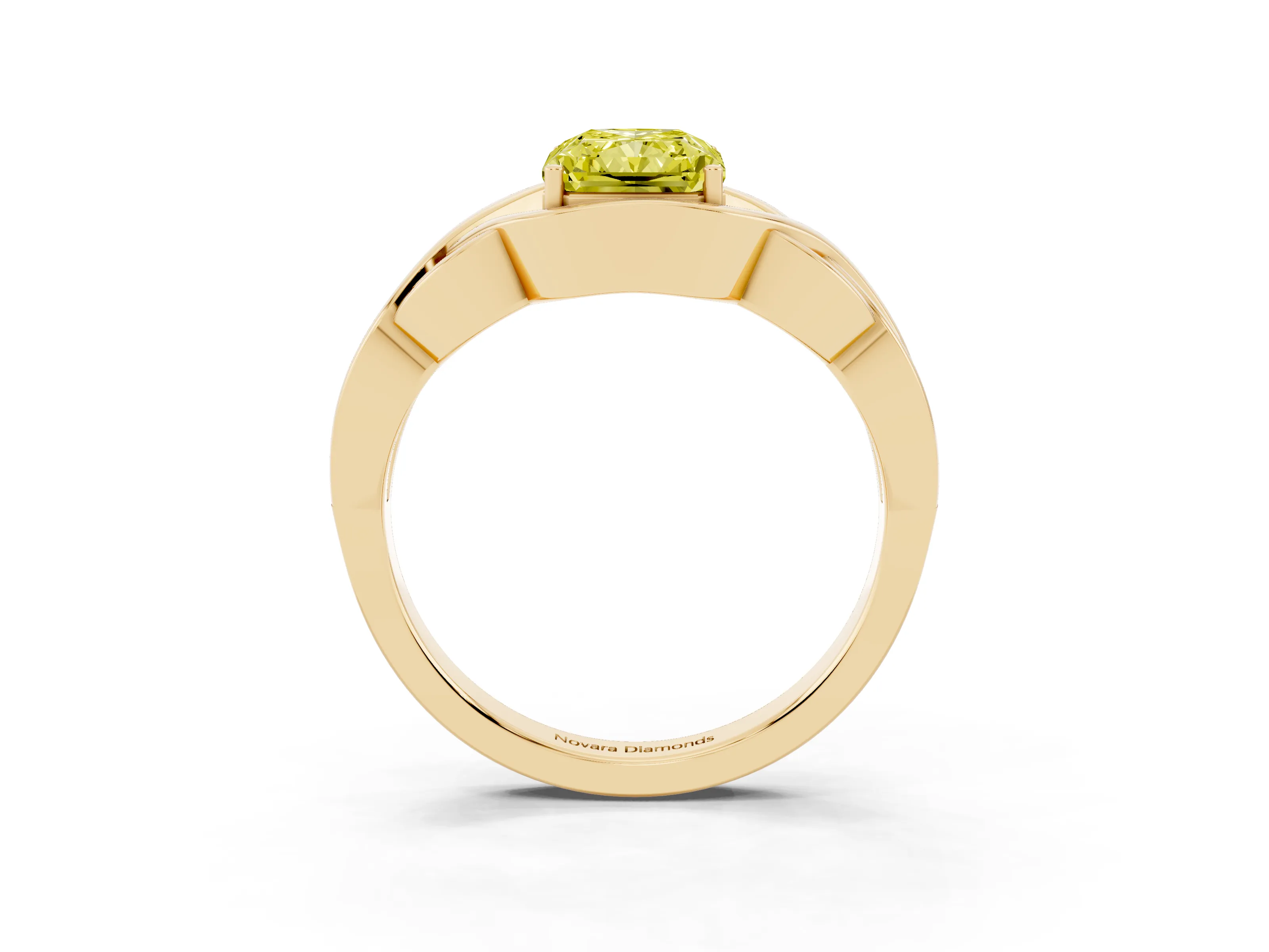 Fancy Yellow Radiant Cut Diamond Solitaire Ring Set in Yellow gold with Intertwined Band
