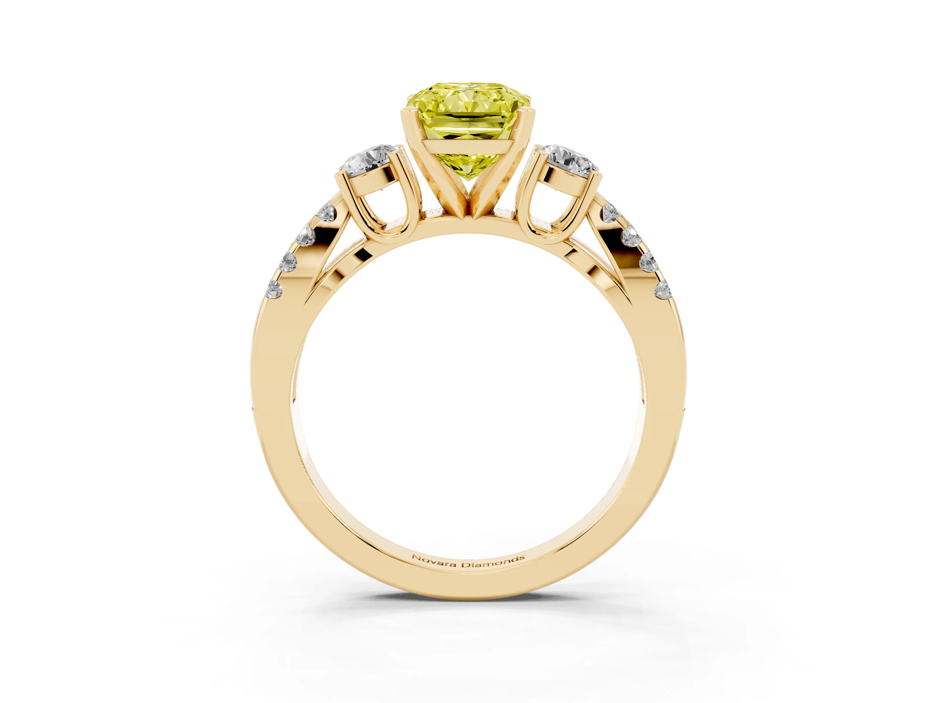 Fancy Yellow Radiant Cut Diamond Three-Stone Ring Set in Yellow gold with Pavé Split Shank and Prong Setting
