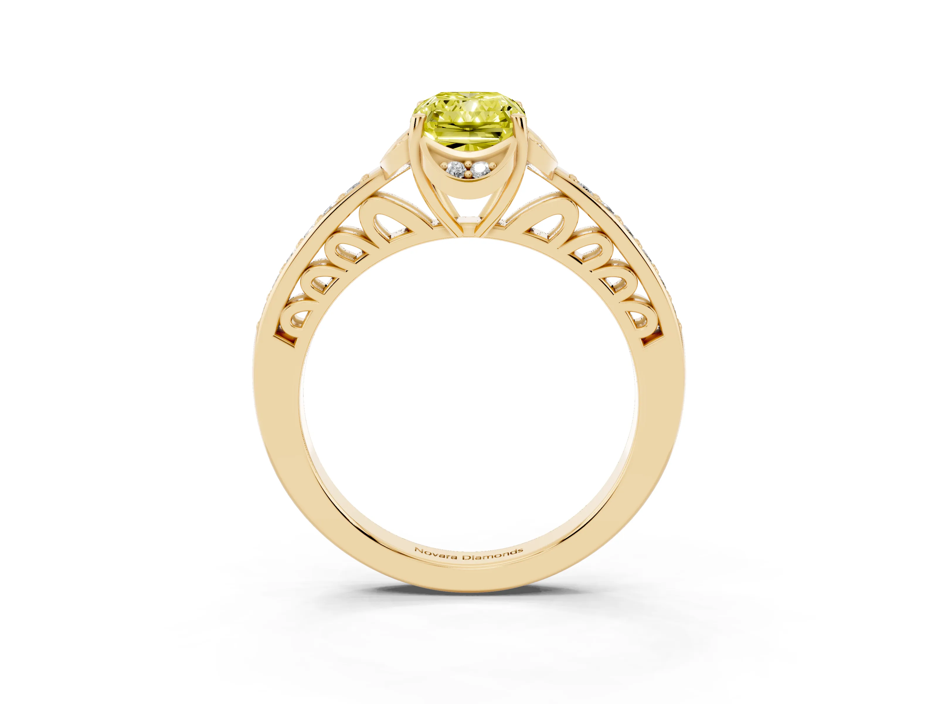 Fancy Yellow Radiant Cut Diamond Halo Ring Set in Yellow gold with Channel Set Band and Prong Setting