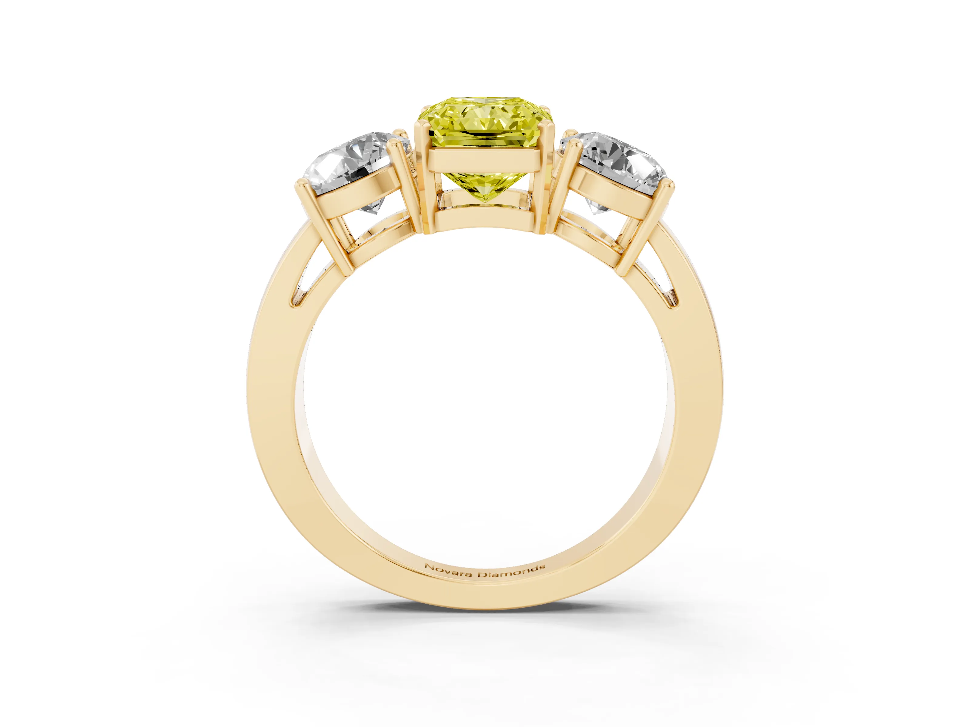 Fancy Yellow Radiant Cut Diamond Three-Stone Ring Set in Yellow gold with Round Side Stones and Classic Band