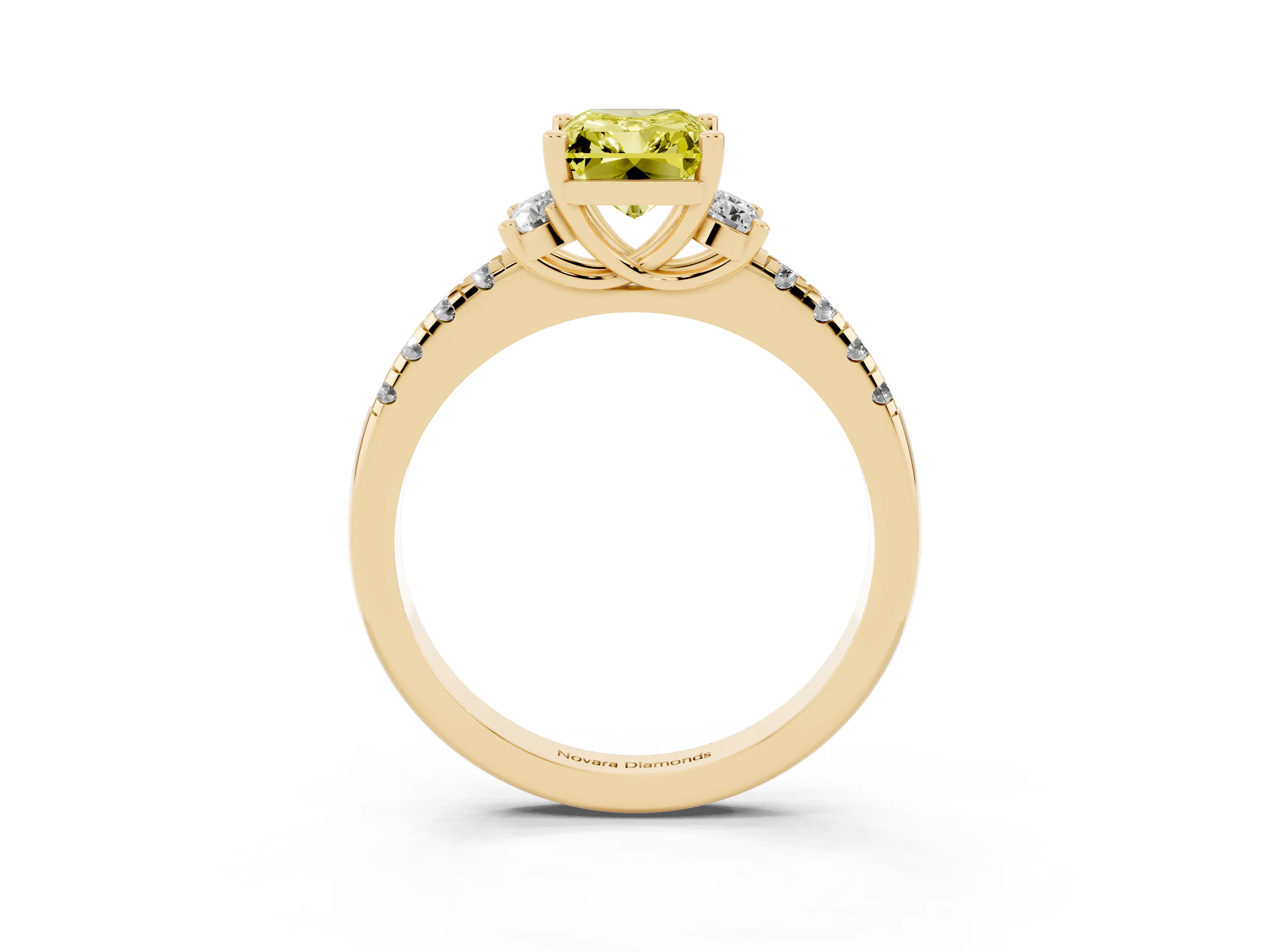 Fancy Yellow Radiant Cut Diamond Three-Stone Pavé Ring Set in Yellow gold with Prong Setting