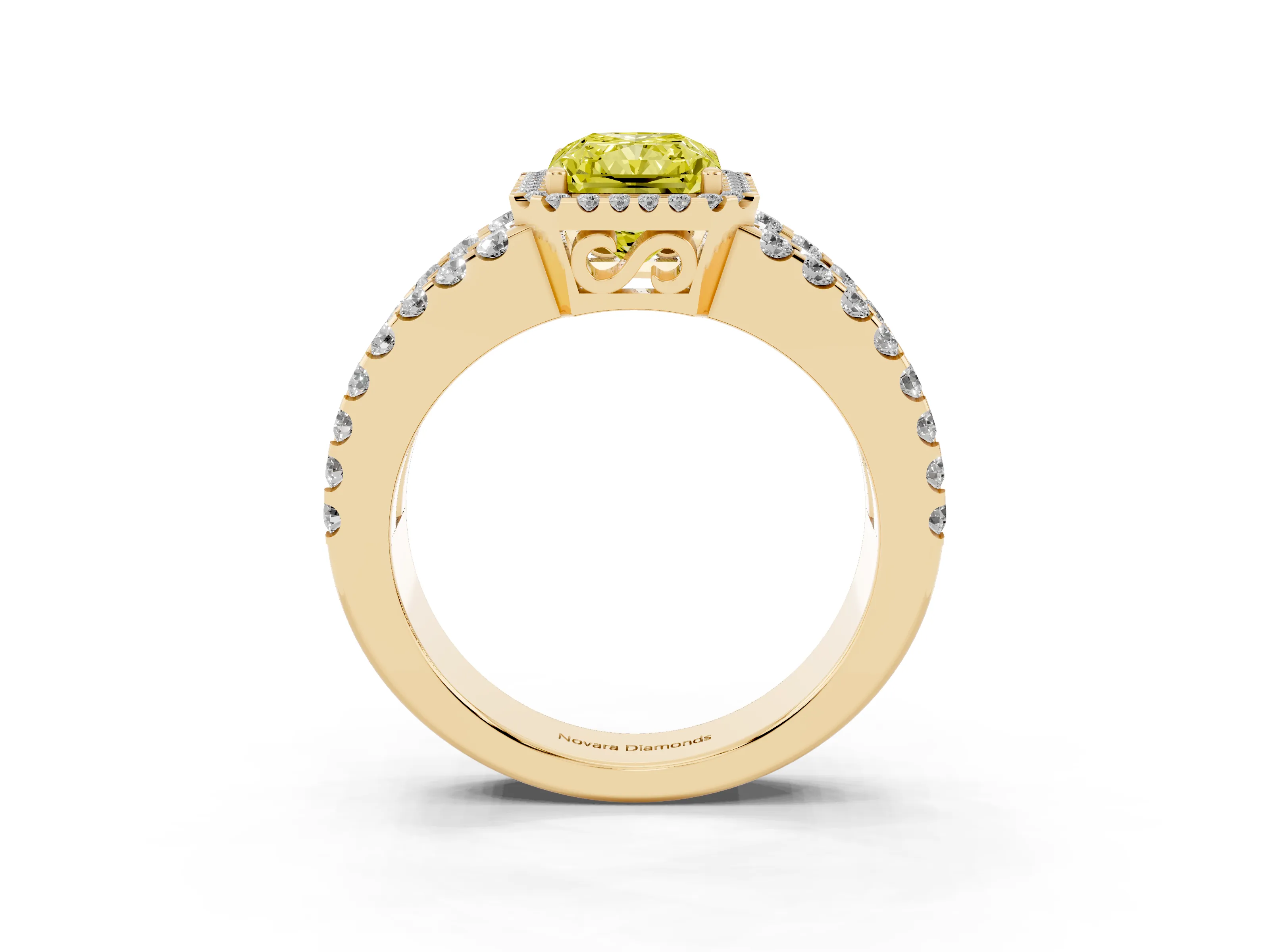 Fancy Yellow Radiant Cut Diamond Halo Ring Set in Yellow gold with Pavé Split Shank and Prong Setting