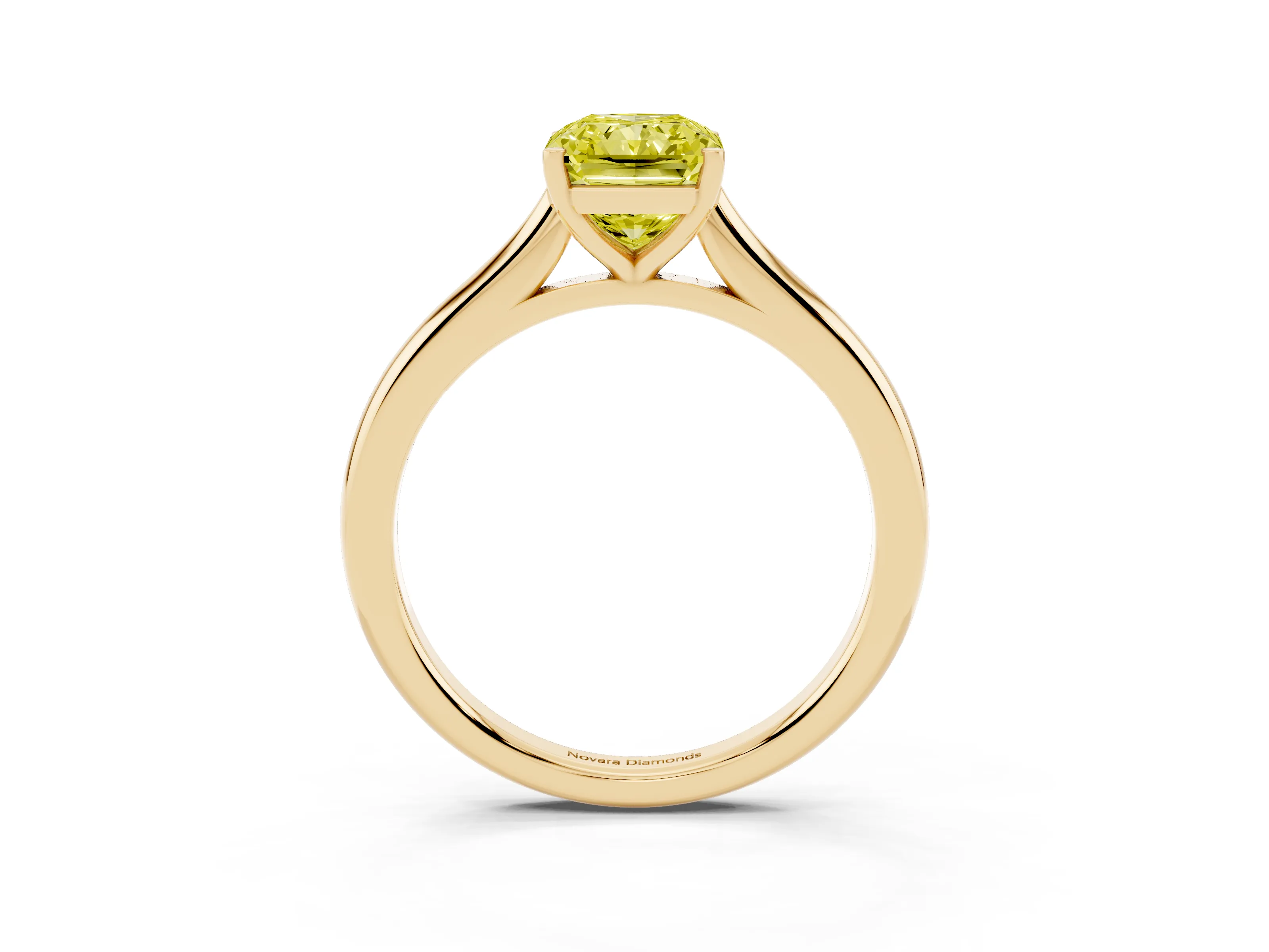 Fancy Yellow Radiant Cut Diamond Solitaire Ring Set in Yellow gold with Cathedral Band and Prong Setting