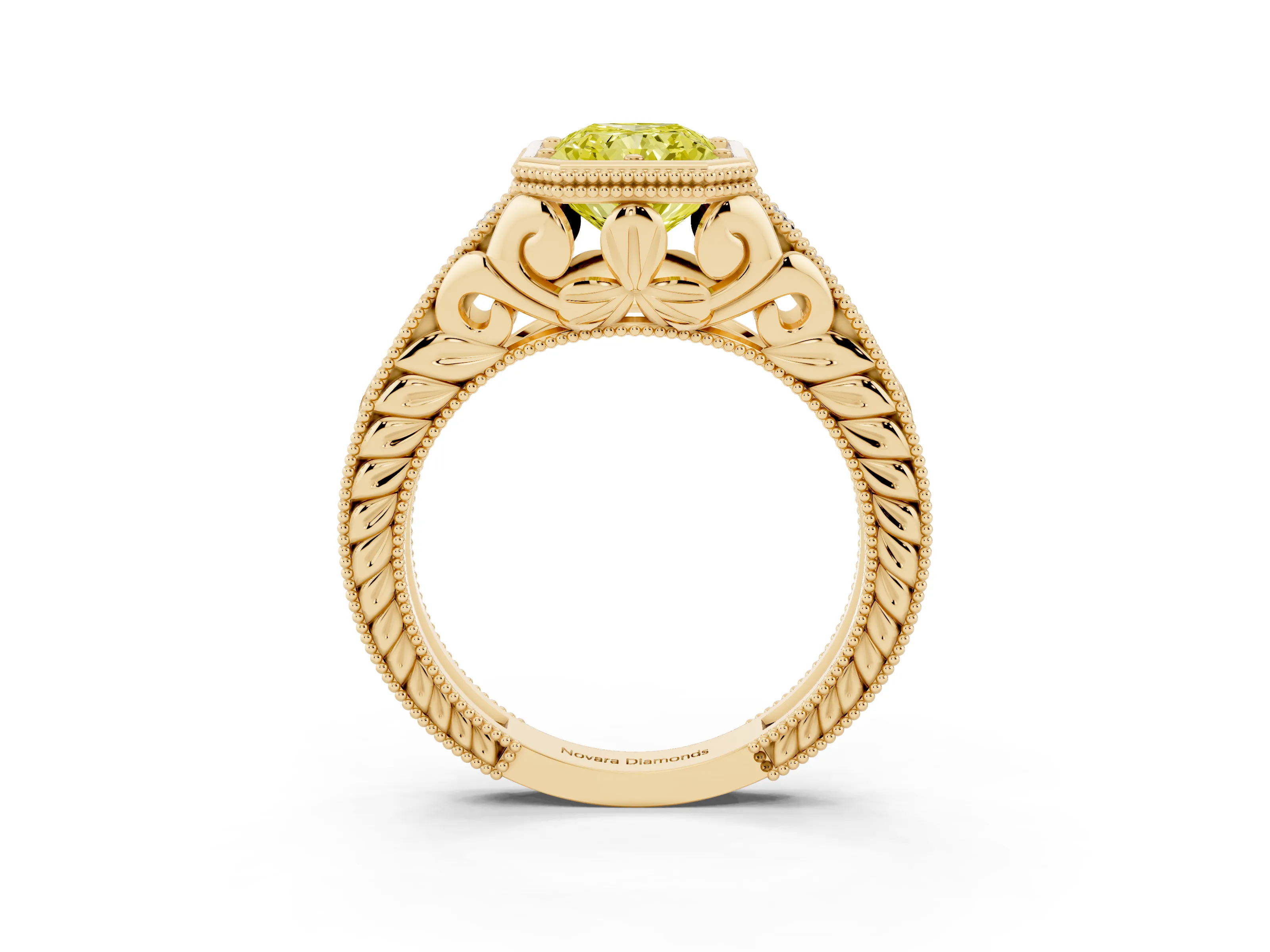 Fancy Yellow Bezel Set Radiant Cut Diamond Milgrain Pavé Engagement Ring Set in Yellow gold