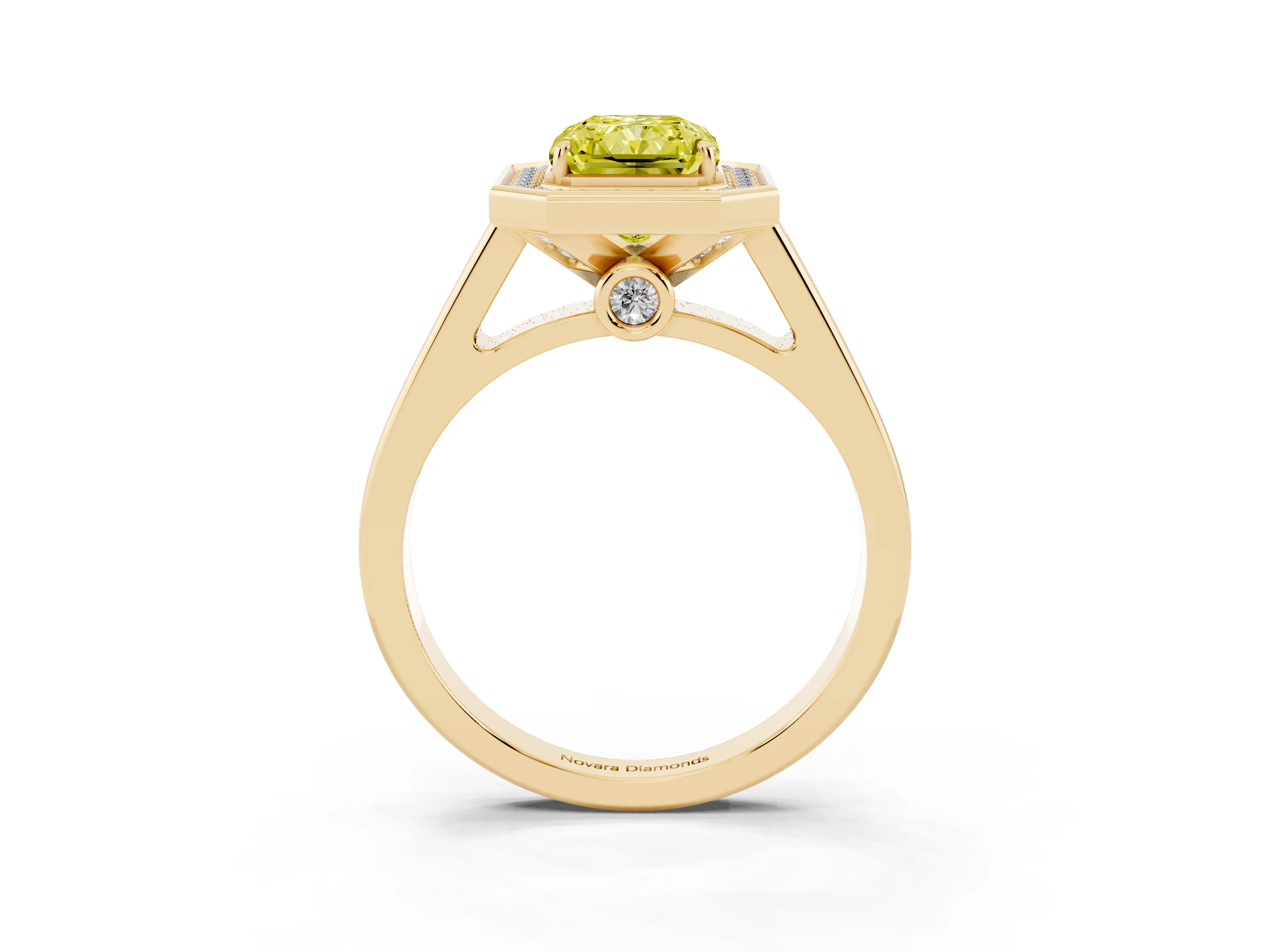 Fancy Yellow Radiant Cut Diamond Halo Solitaire Ring Set in Yellow gold with Pavé Band and Bezel Setting