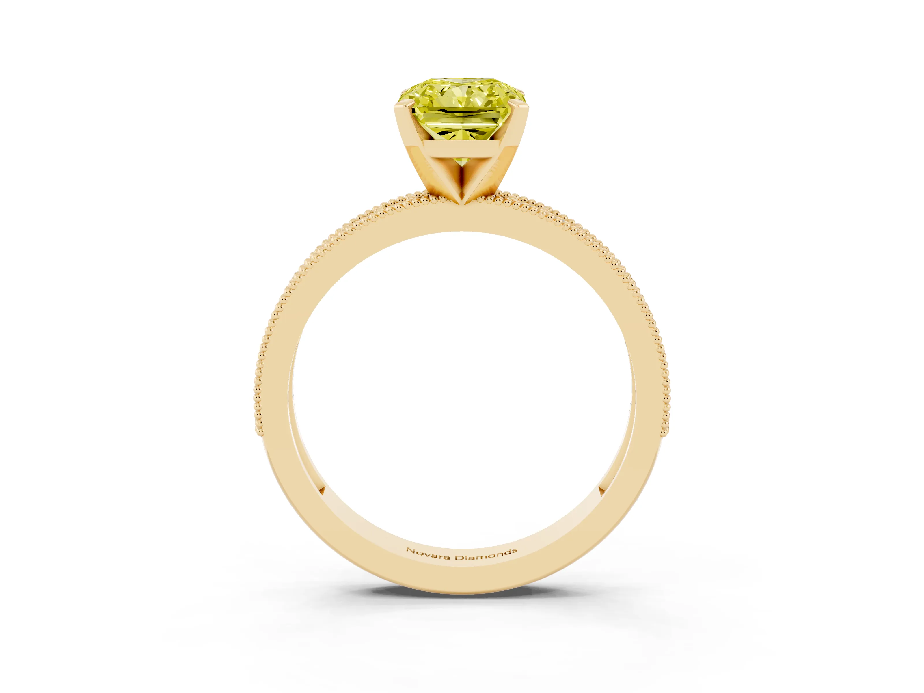 Fancy Yellow Radiant Cut Diamond Milgrain Pavé Engagement Ring Set in Yellow gold with Prong Setting