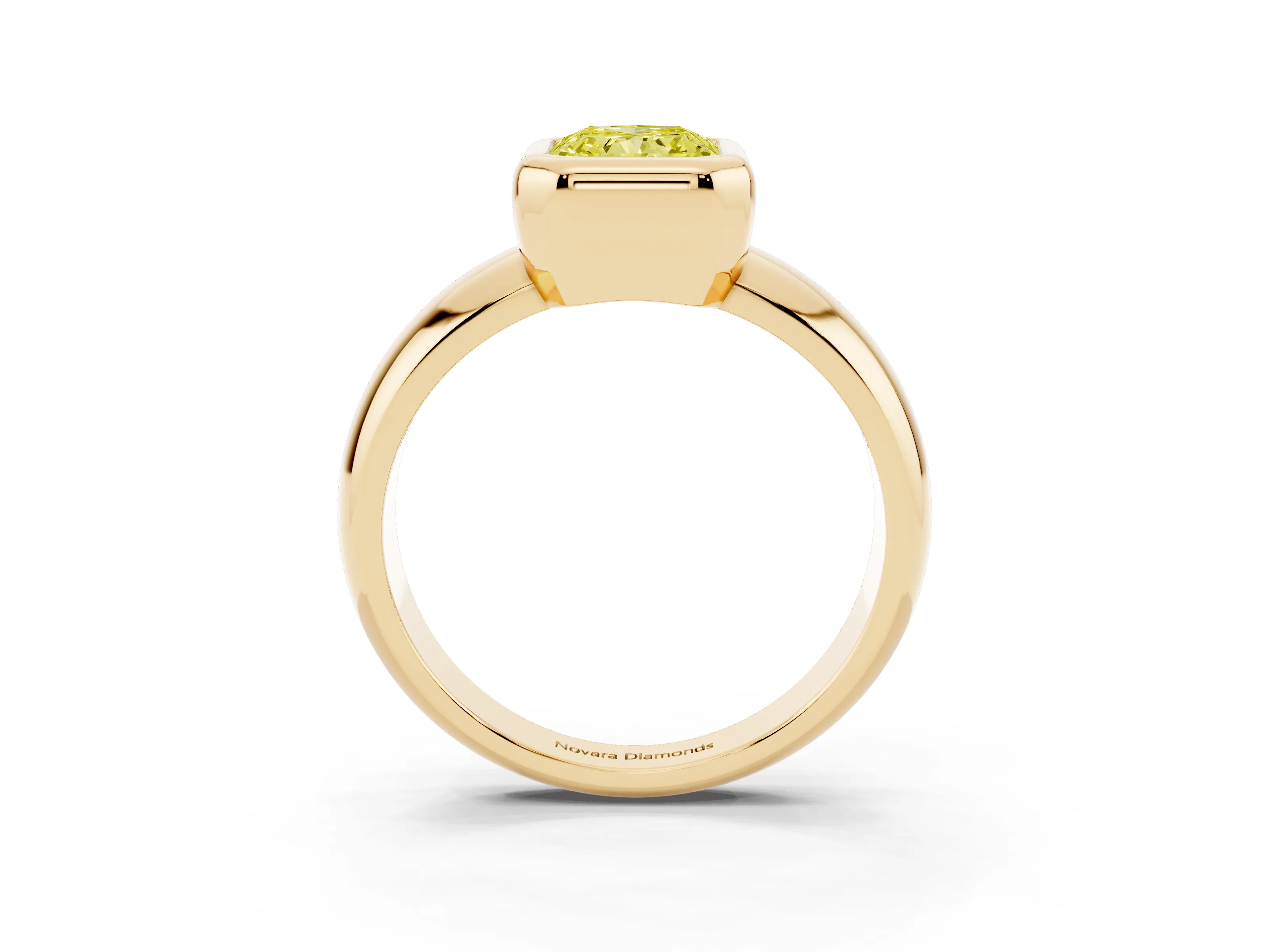 Fancy Yellow Bezel Set Radiant Cut Diamond Solitaire Ring Set in Yellow gold with Wide Band