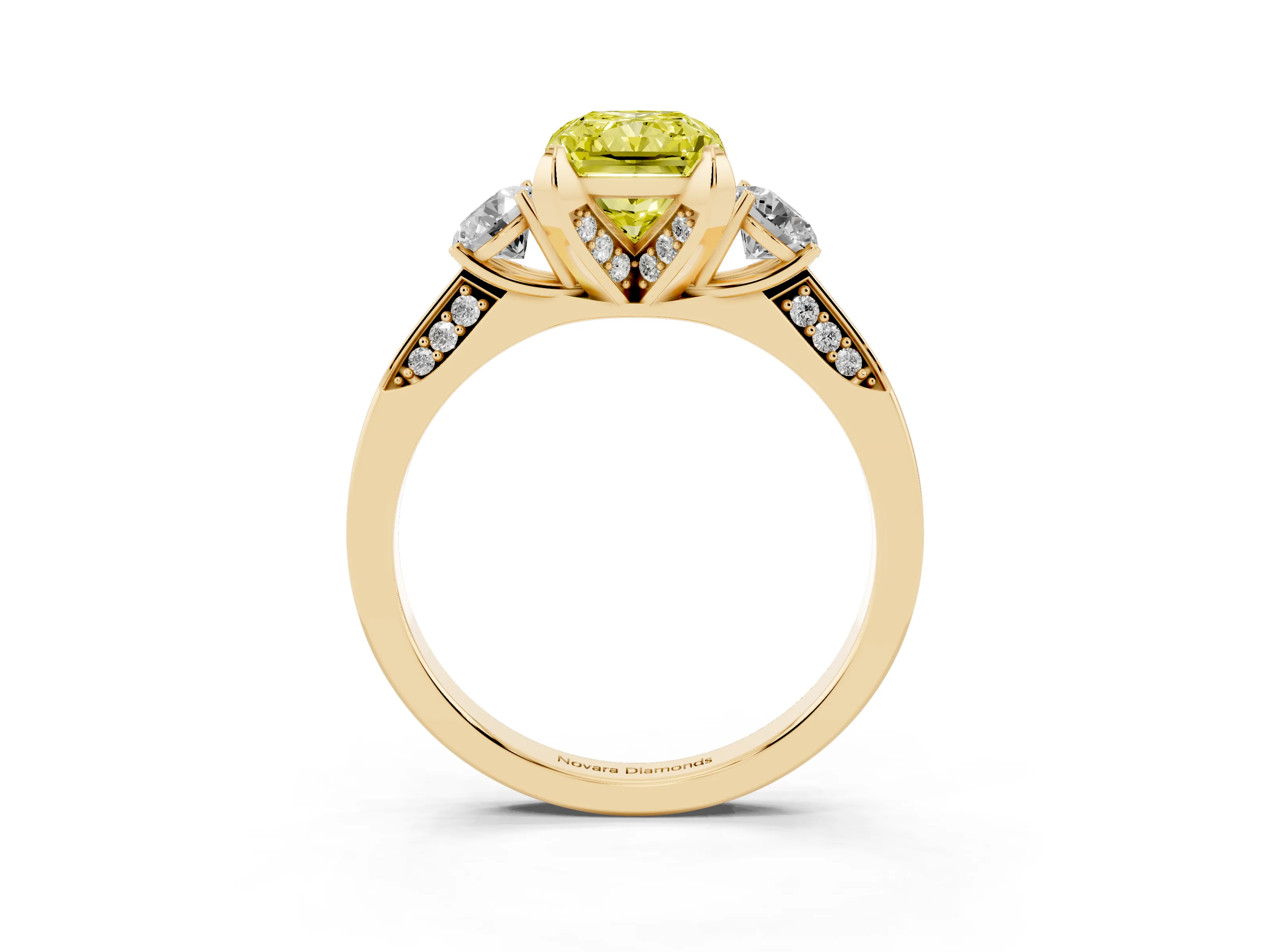 Fancy Yellow Radiant Cut Diamond Three-Stone Ring Set in Yellow gold with Pavé Band and Smaller Side Stones