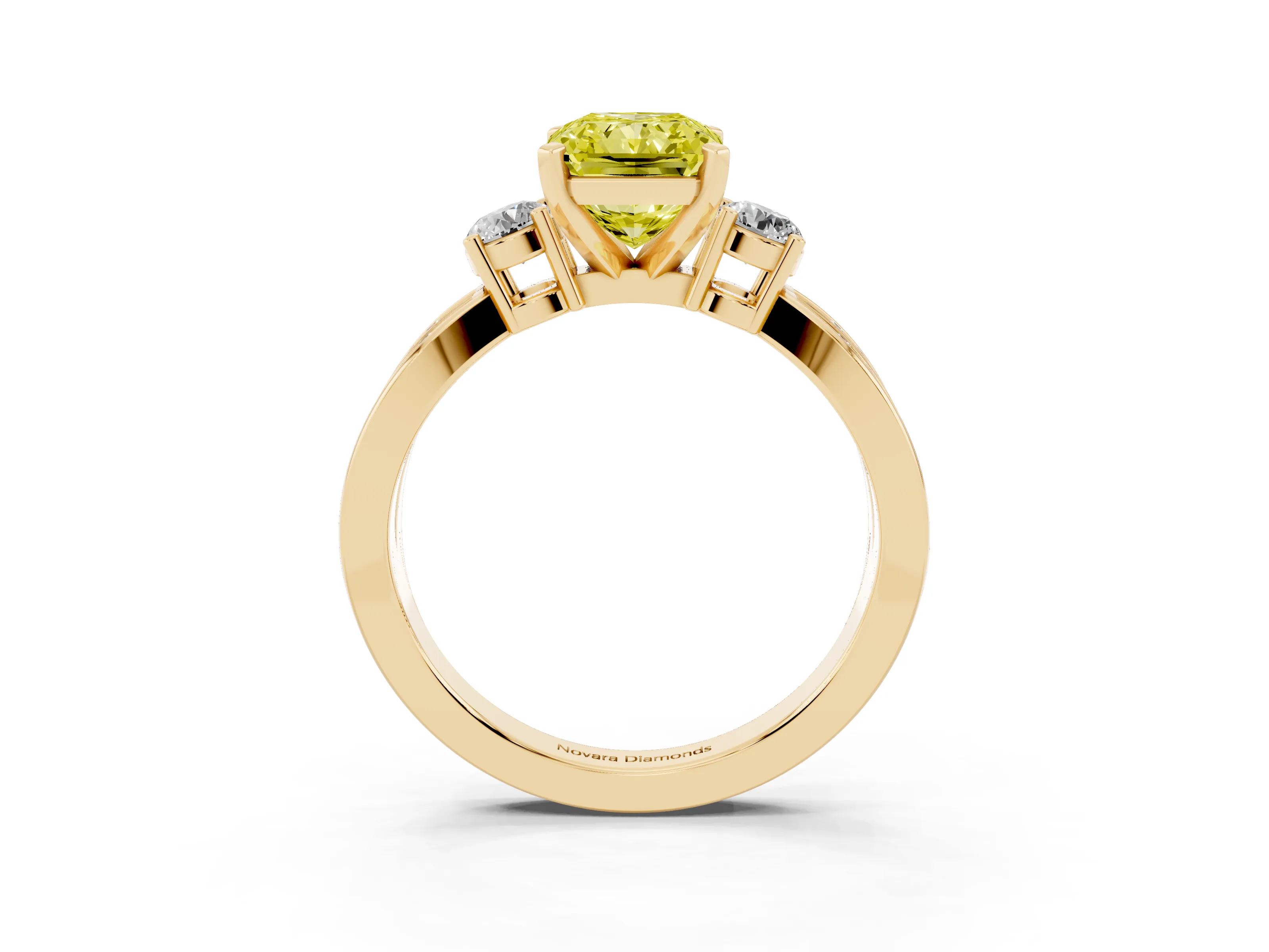 Fancy Yellow Three-Stone Radiant Cut Diamond Twist Band Ring Set in Yellow gold with Pavé Accents and Prong Setting