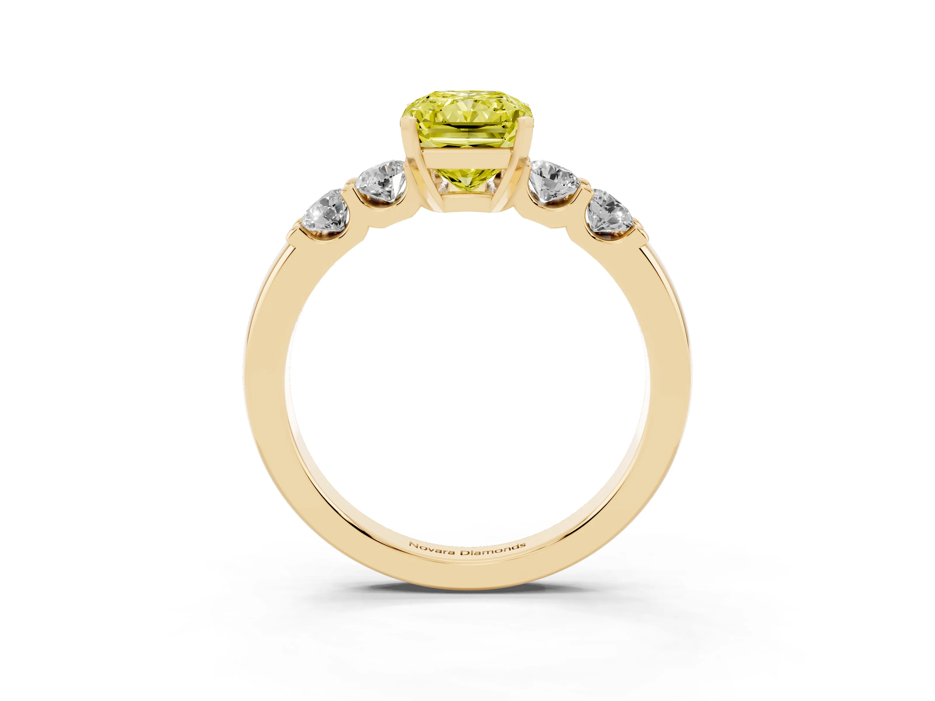 Fancy Yellow Radiant Cut Diamond Five-Stone Prong Set Engagement Ring Set in Yellow gold with Channel Band