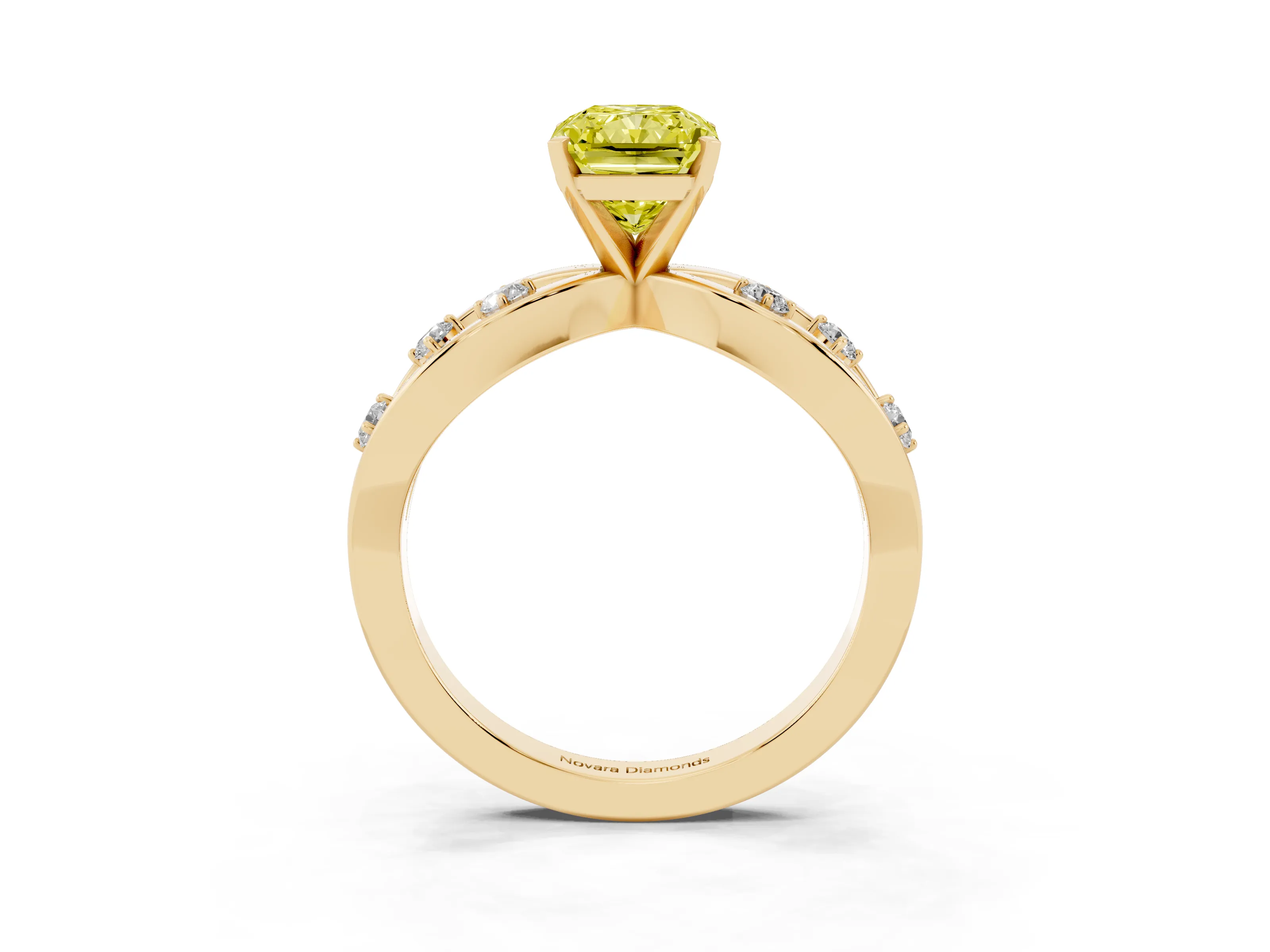 Fancy Yellow Radiant Cut Diamond Solitaire Ring Set in Yellow gold with Side Stones on Criss-Cross Band and Prong Setting