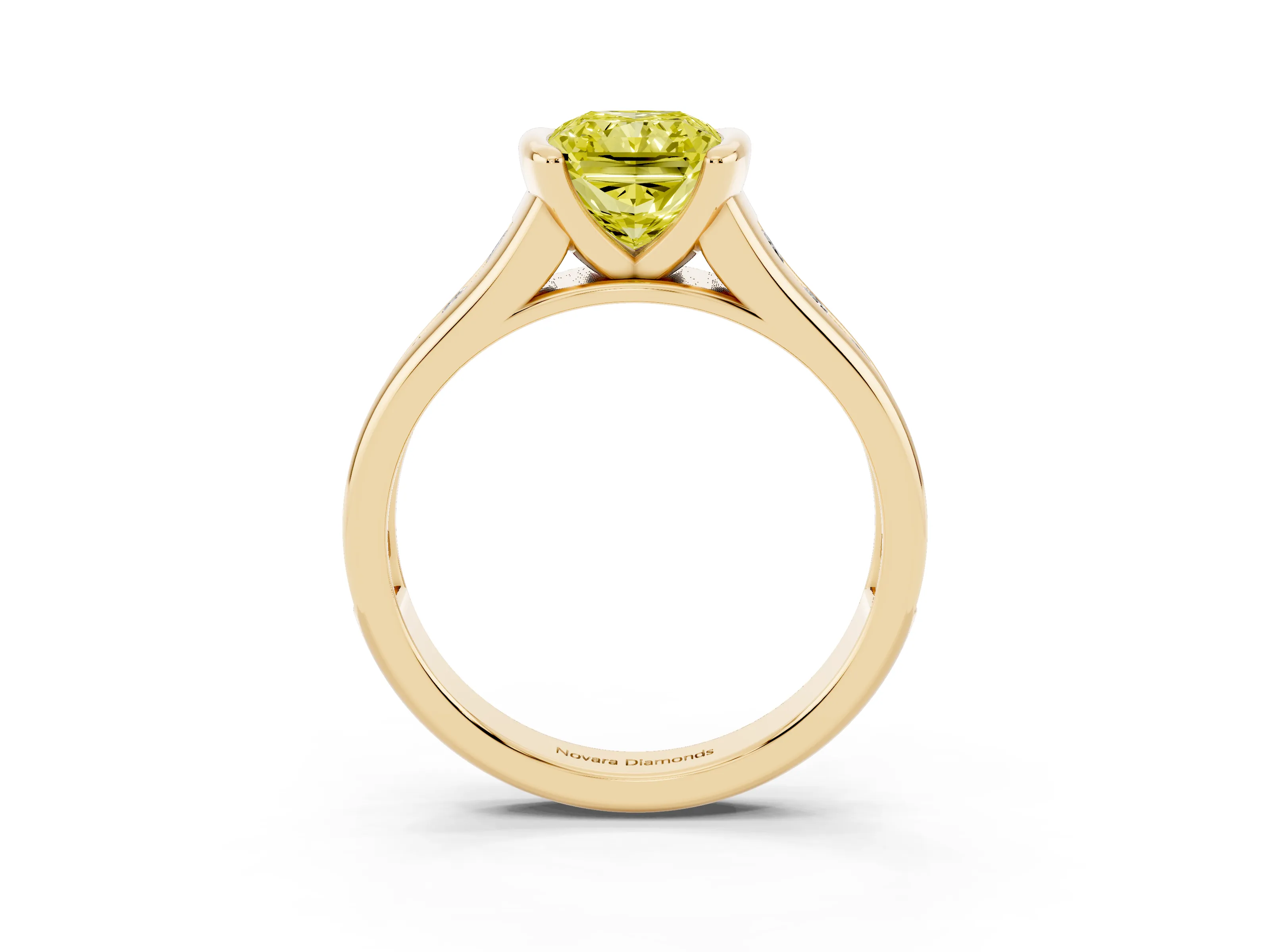 Fancy Yellow Radiant Cut Diamond Bezel-Set Solitaire Ring Set in Yellow gold with Channel-Set Band