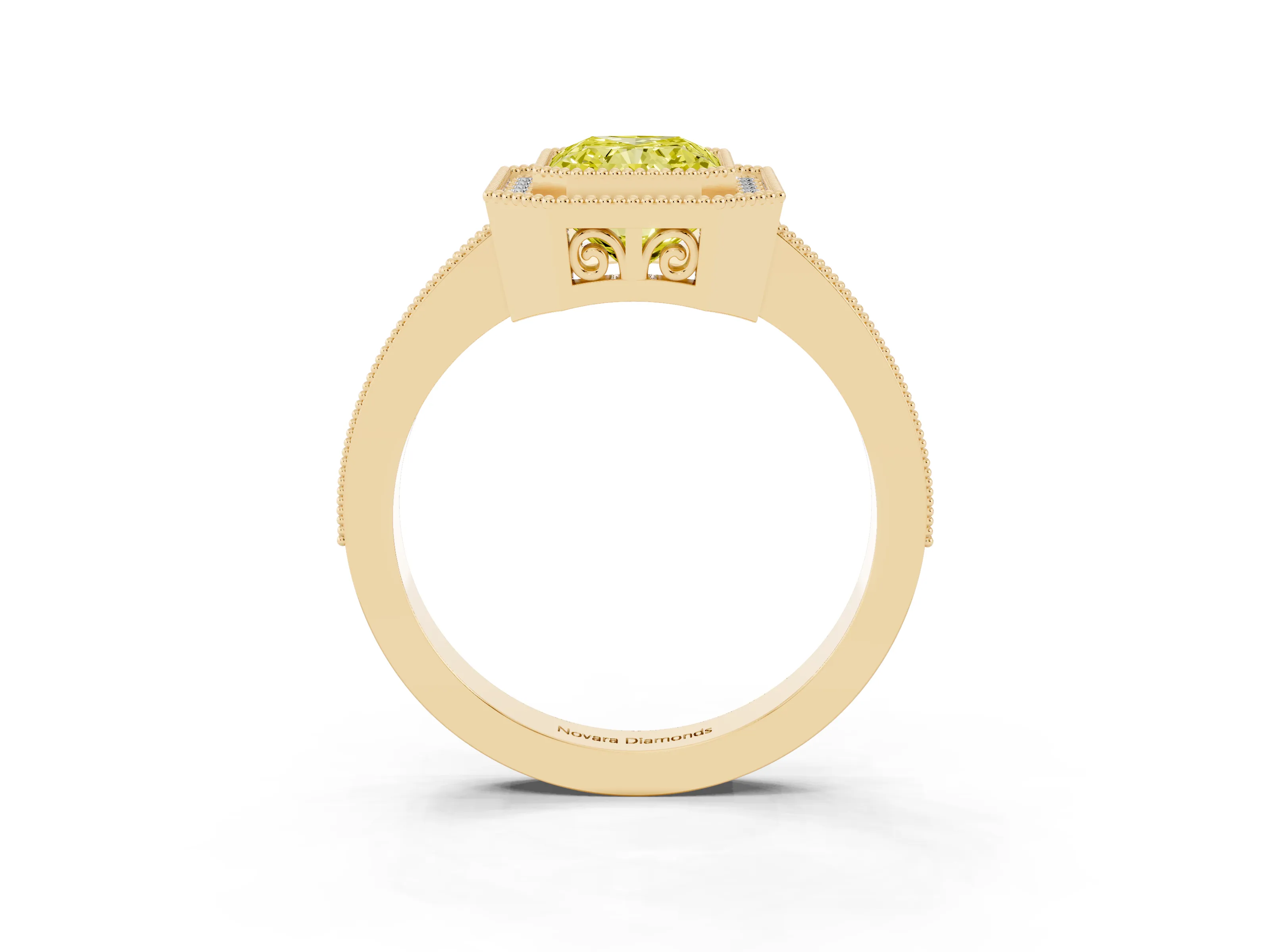 Fancy Yellow Radiant Cut Diamond Round Halo Ring Set in Yellow gold with Pavé Band