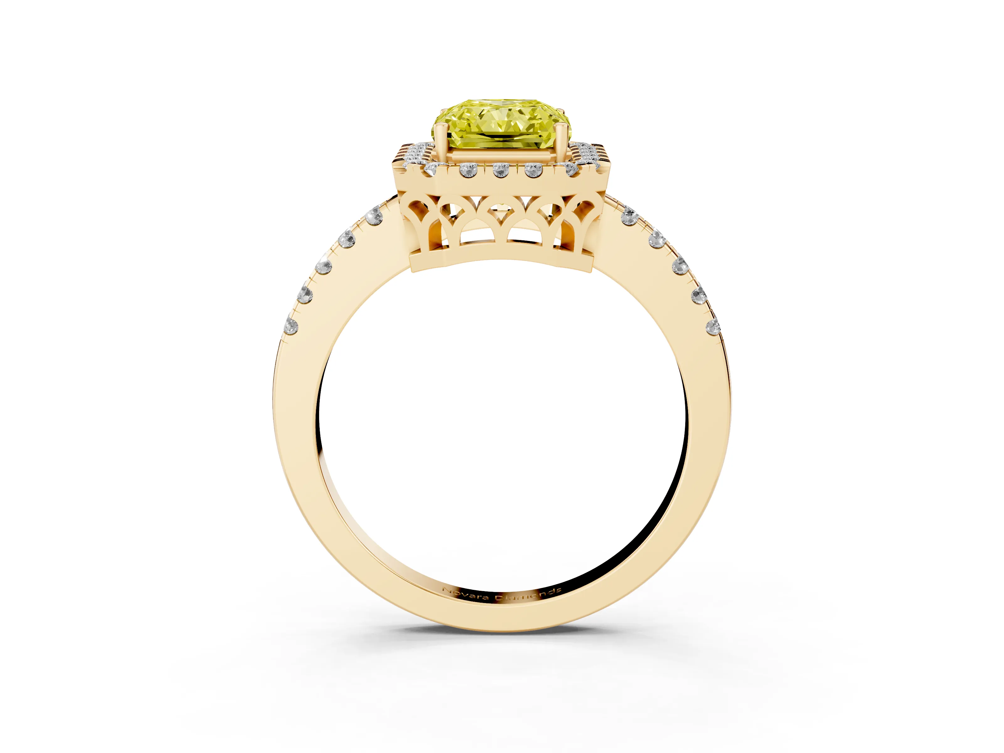 Fancy Yellow Radiant Cut Diamond Pavé Band Halo Engagement Ring Set in Yellow gold with Prong Setting