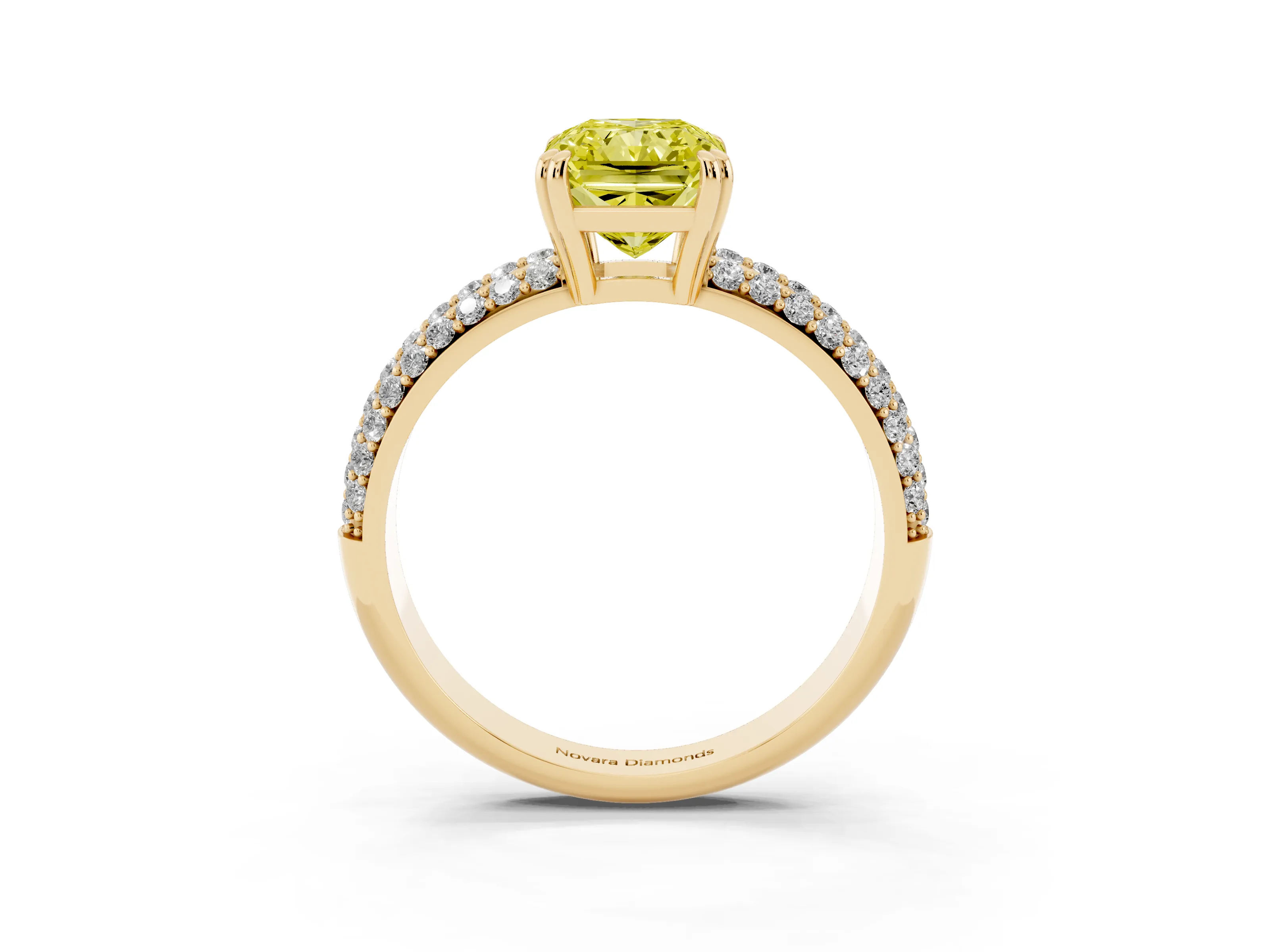Fancy Yellow Radiant Cut Diamond Solitaire Ring Set in Yellow gold with Multi-Row Round Pavé Band and Prong Setting