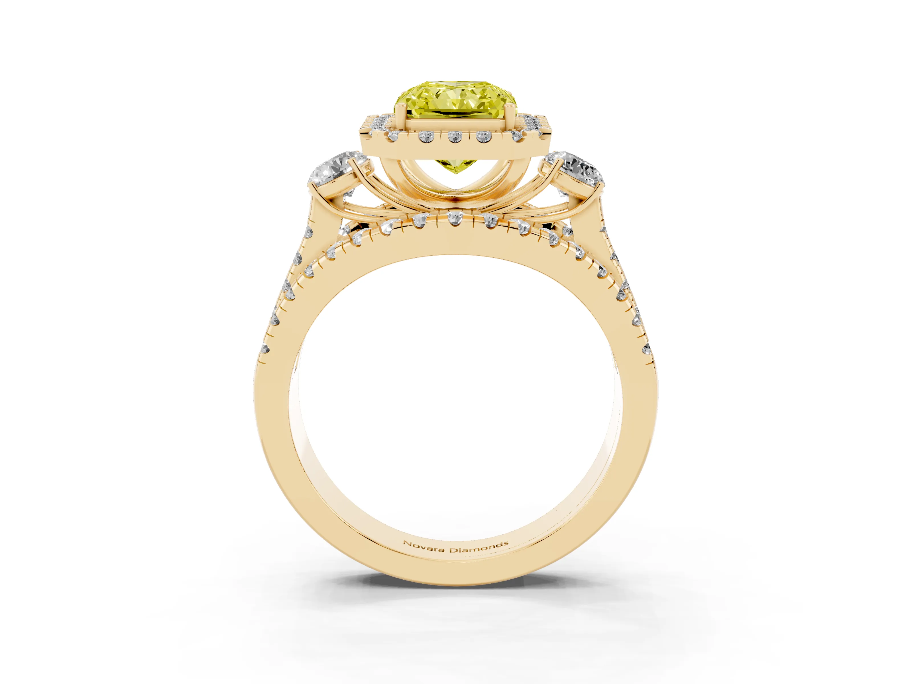 Fancy Yellow Radiant Cut Diamond Halo Split Shank Ring Set in Yellow gold with Round Accent Stones and Prong Setting