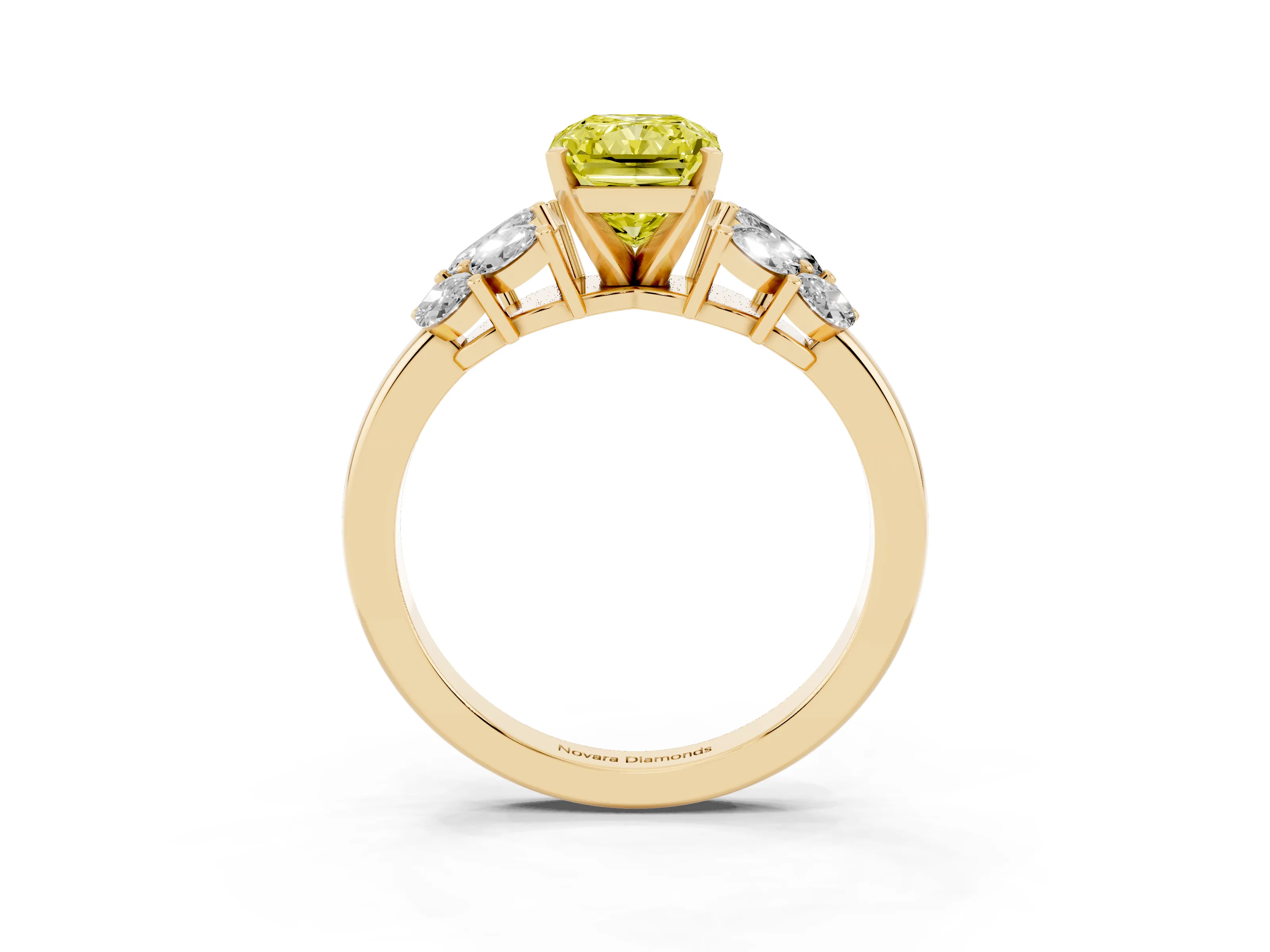 Fancy Yellow Radiant Cut Diamond Cluster Leaf Design Ring Set in Yellow gold with Prong Setting