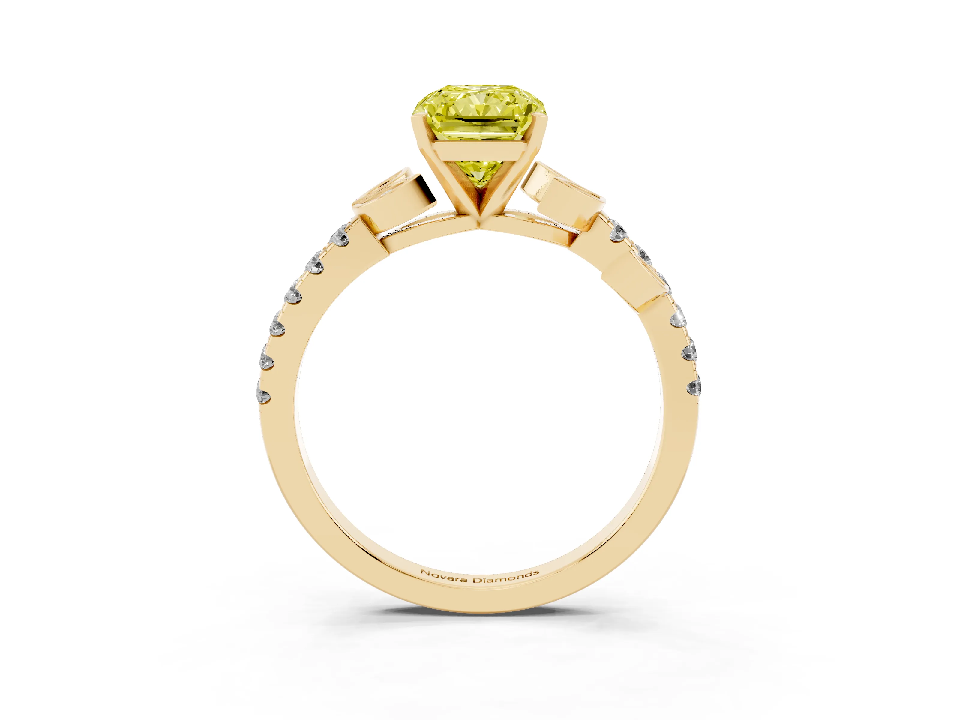 Fancy Yellow Radiant Cut Diamond Solitaire Leaf-Inspired Ring Set in Yellow gold with Pavé Band and Prong Setting