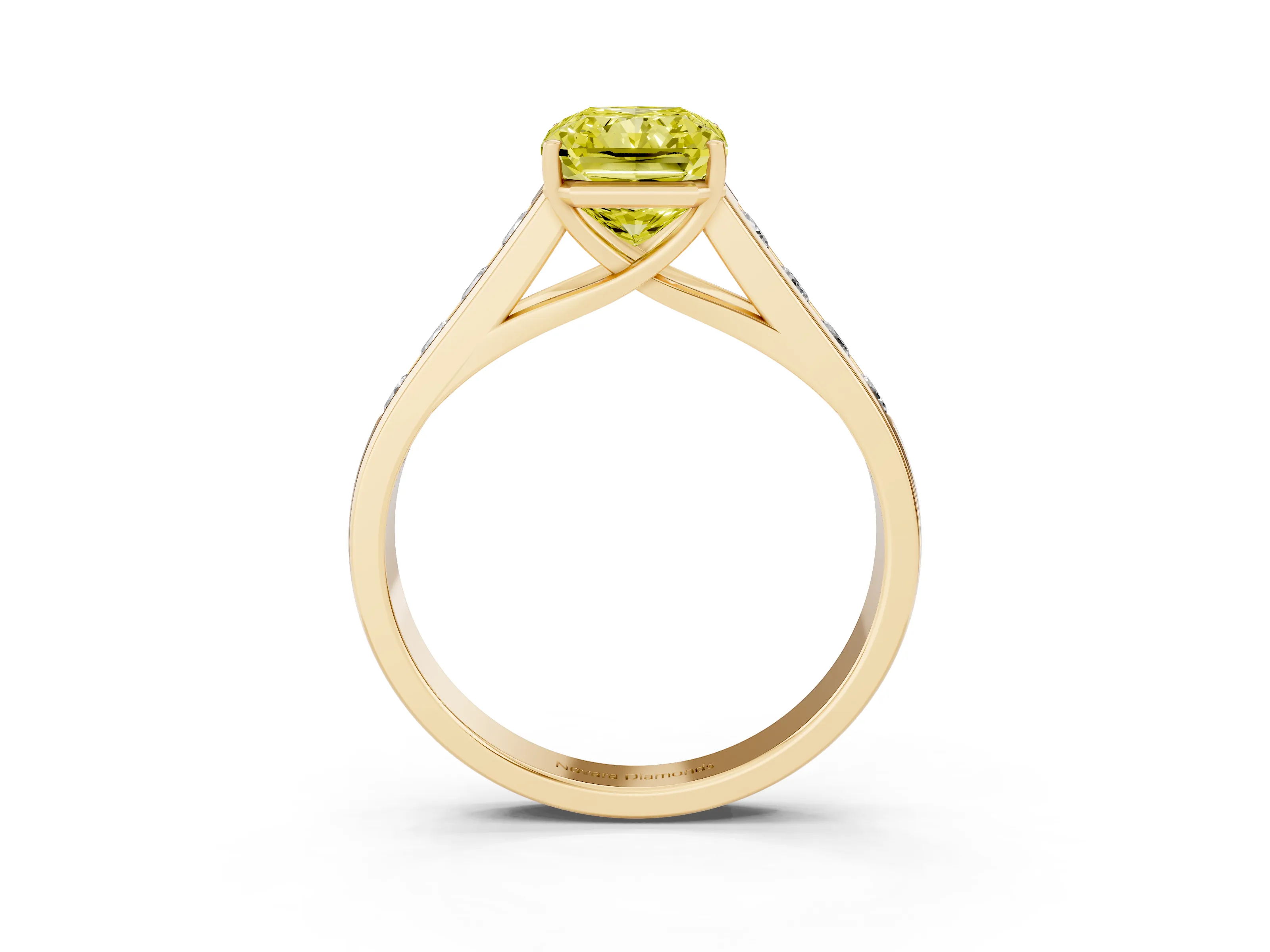 Fancy Yellow Radiant Cut Diamond Brilliant Channel-Set Solitaire Ring Set in Yellow gold with Prong Setting