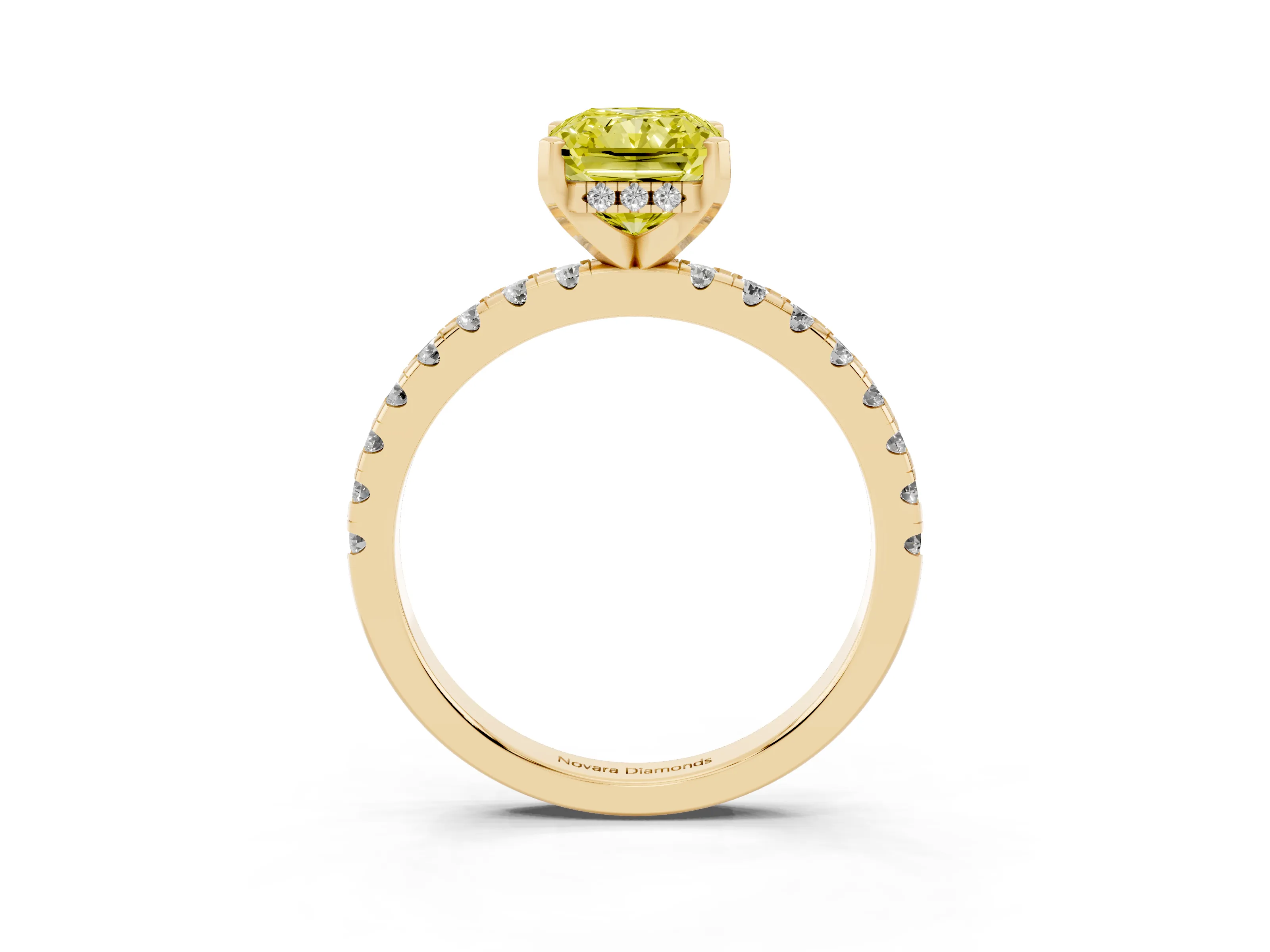 Fancy Yellow Radiant Cut Diamond Pavé Solitaire Ring Set in Yellow gold with Round Band Accents and Prong Setting