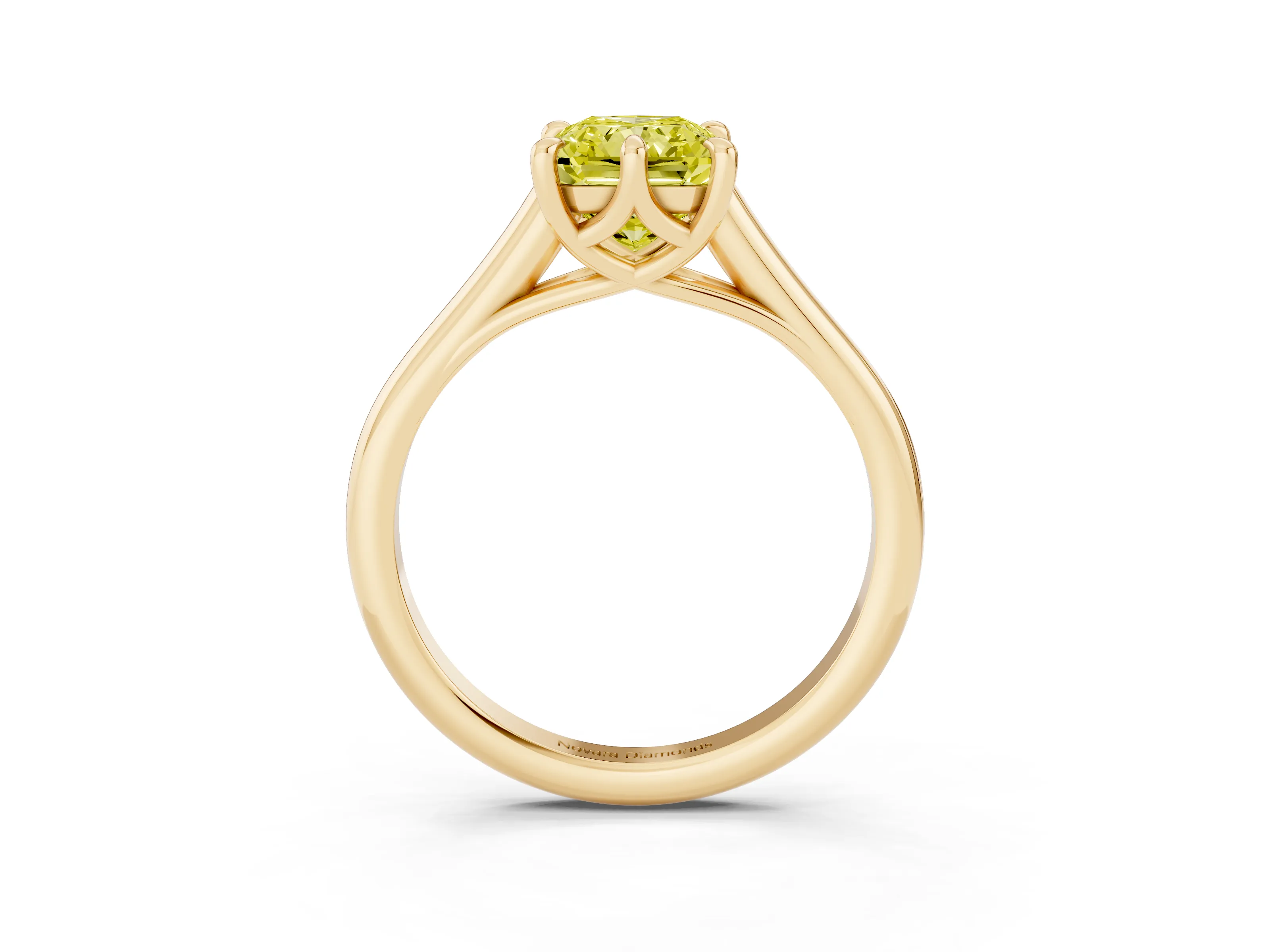 Fancy Yellow Radiant Cut Diamond Solitaire Engagement Ring Set in Yellow gold with Prong Setting and Plain Classic Band