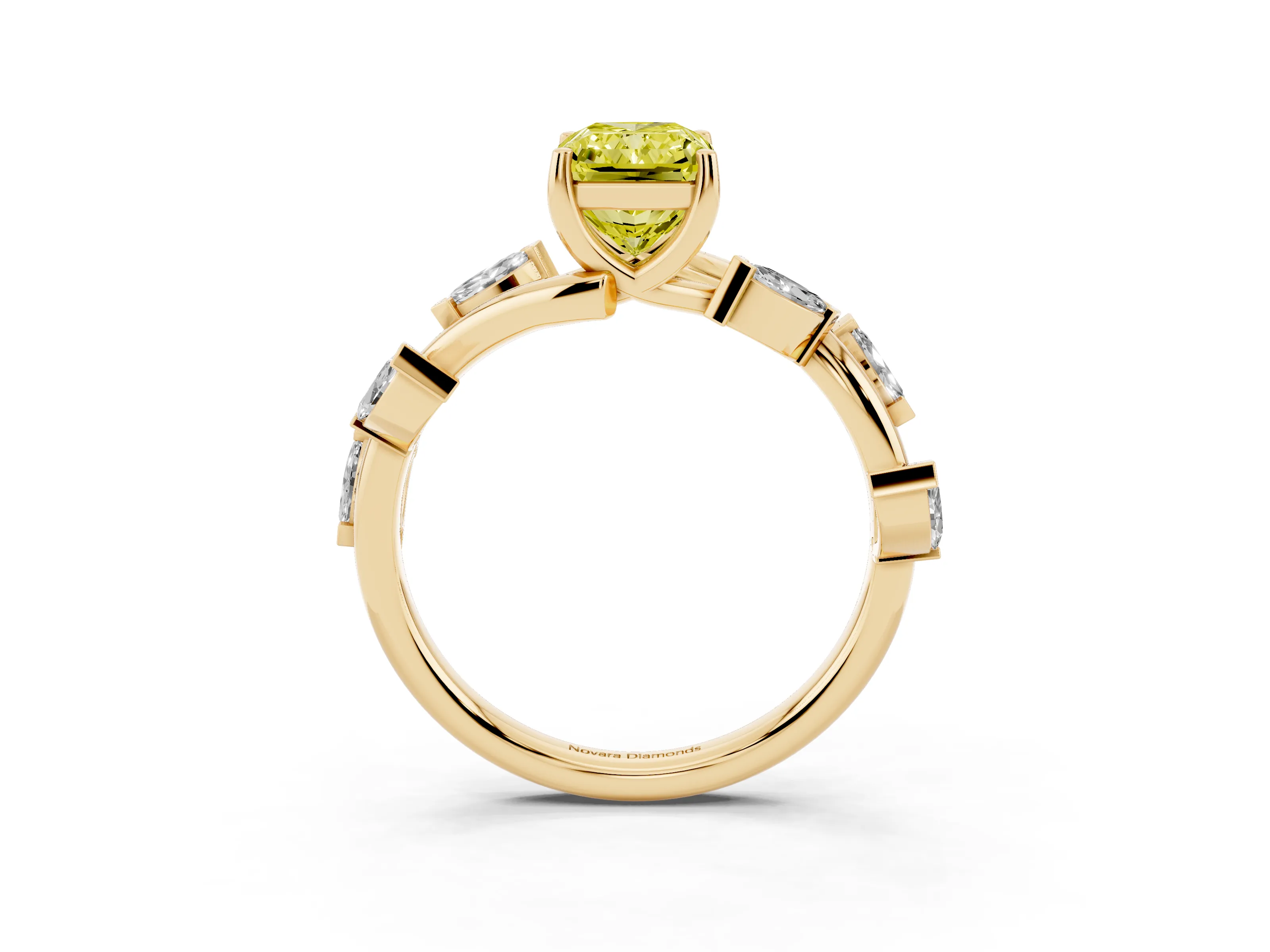 Fancy Yellow Radiant Cut Diamond Solitaire Ring Set in Yellow gold with Twisted Marquise Accent Band