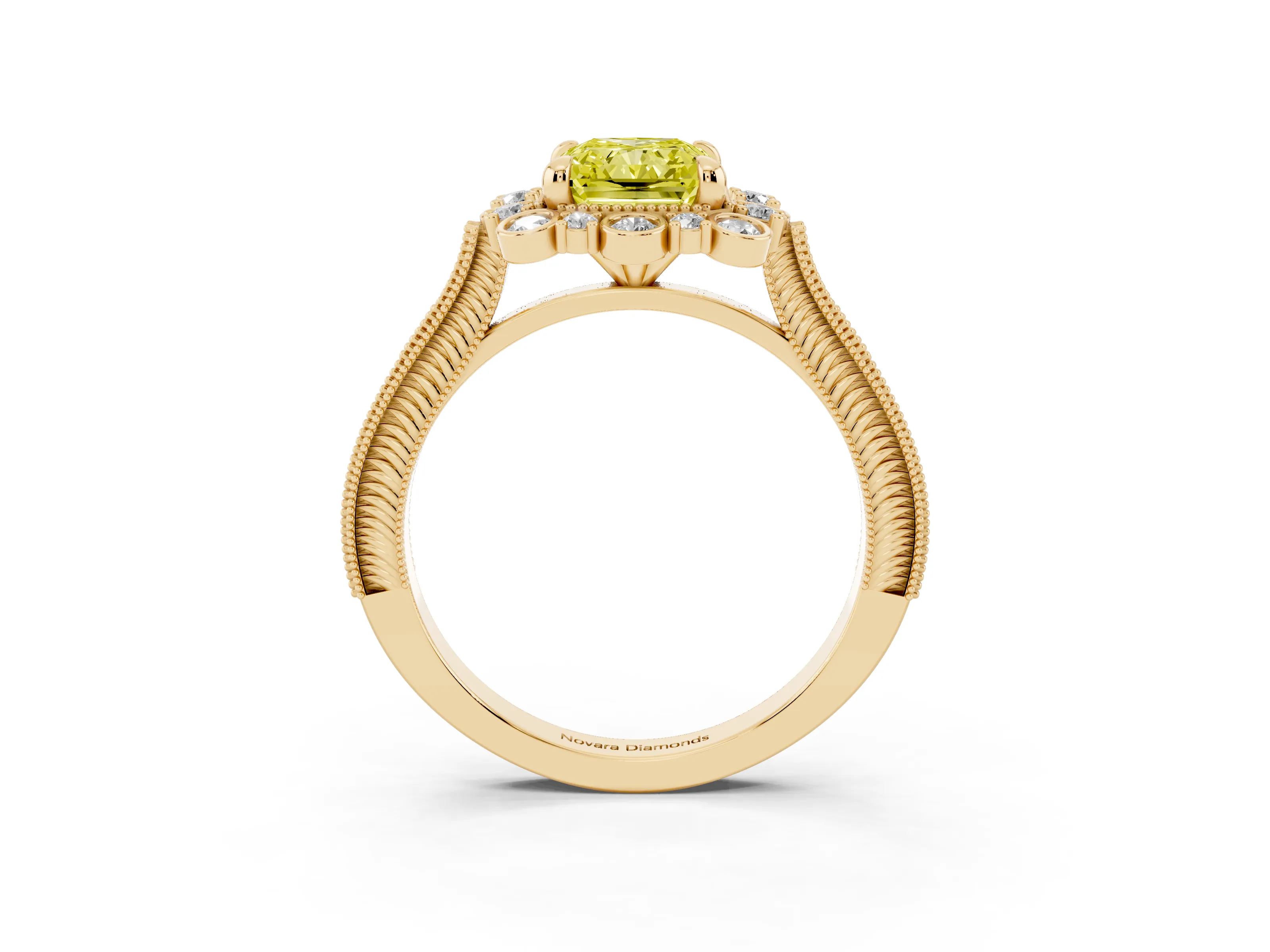 Fancy Yellow Radiant Cut Diamond Halo Milgrain Pavé Ring Set in Yellow gold with Prong Setting