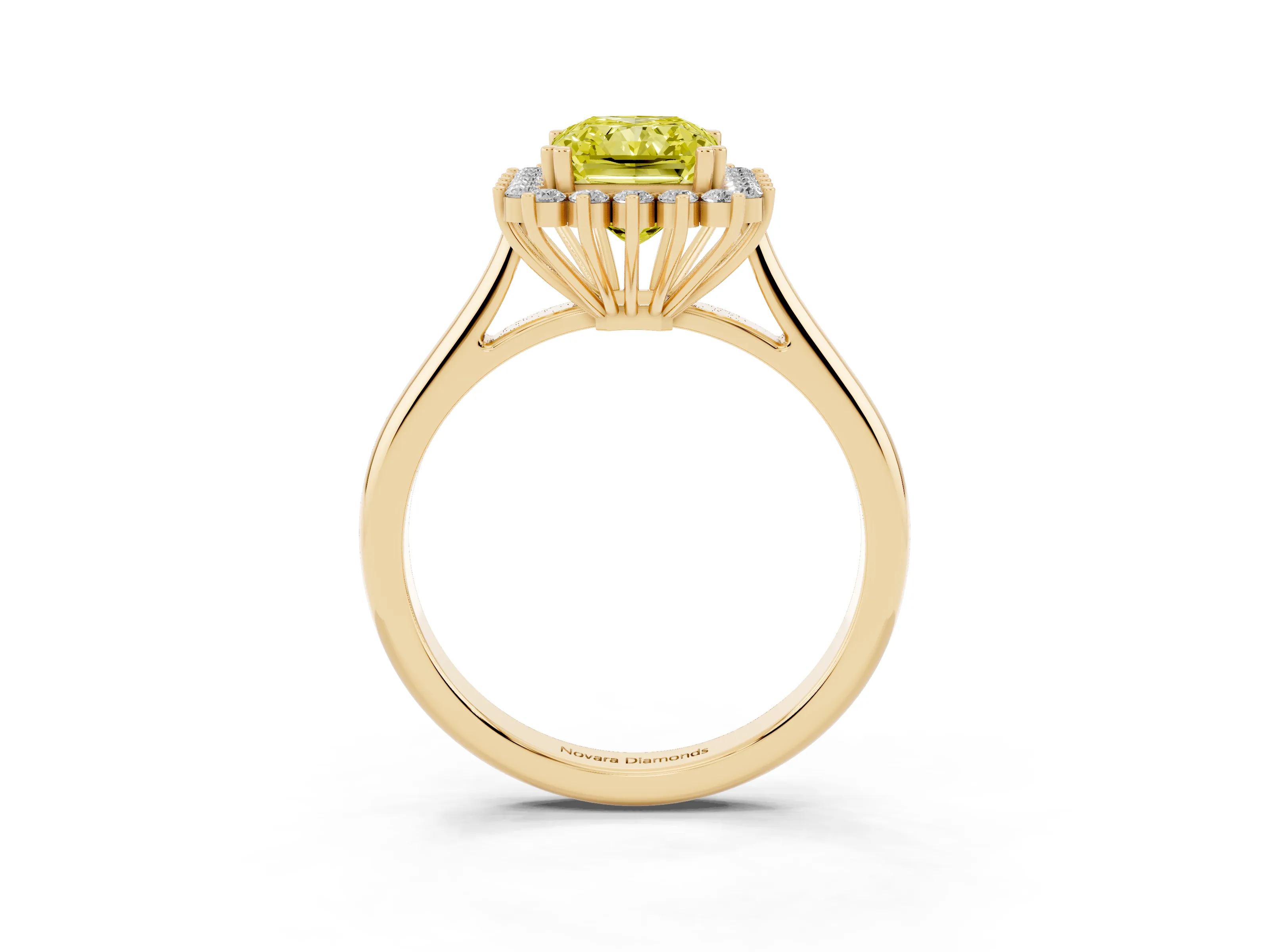Fancy Yellow Radiant Cut Diamond Halo Ring Set in Yellow gold with Plain Solitaire Band and Prong Setting