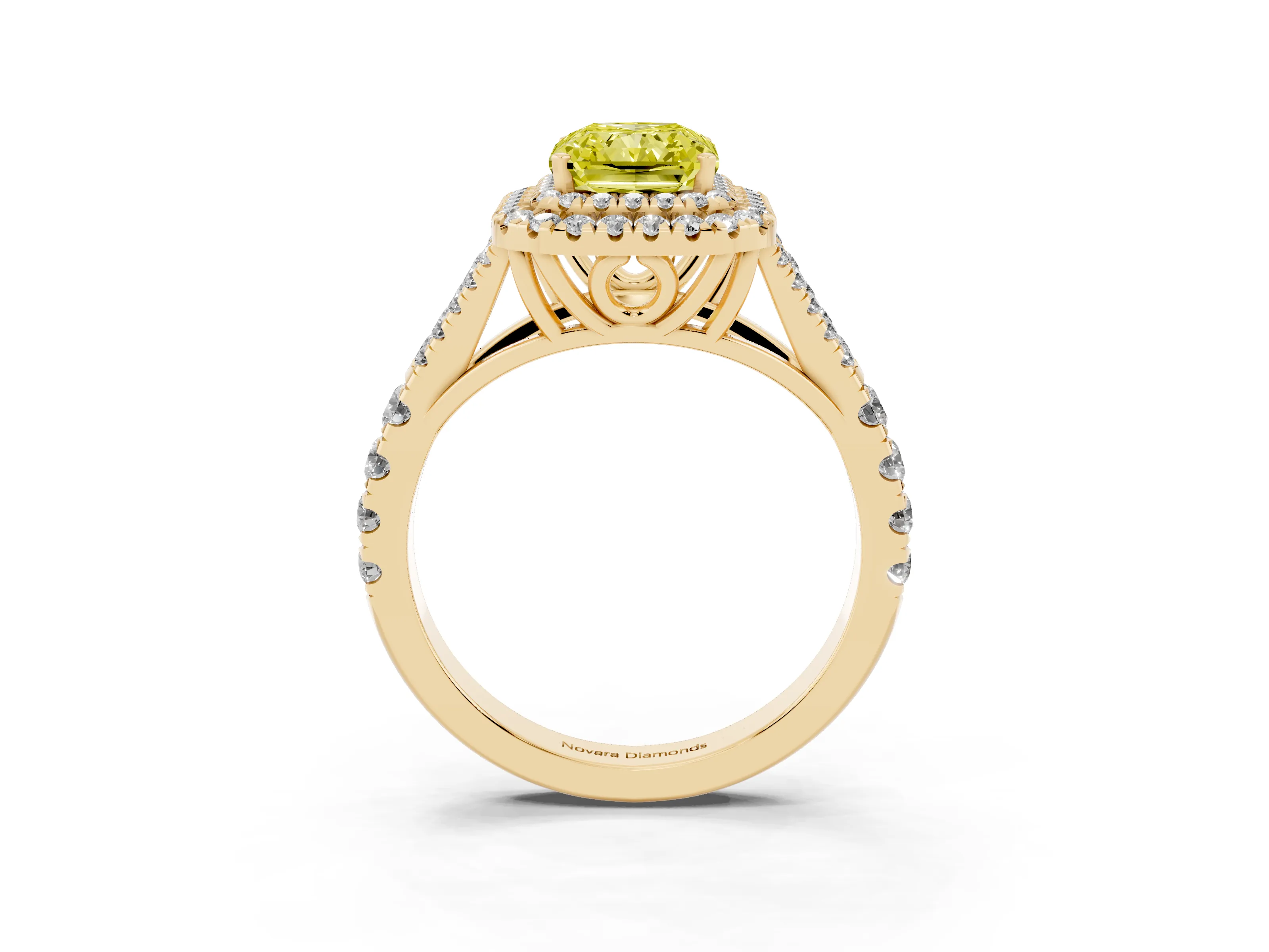 Fancy Yellow Radiant Cut Diamond Pavé Split Shank Double Halo Engagement Ring Set in Yellow gold
