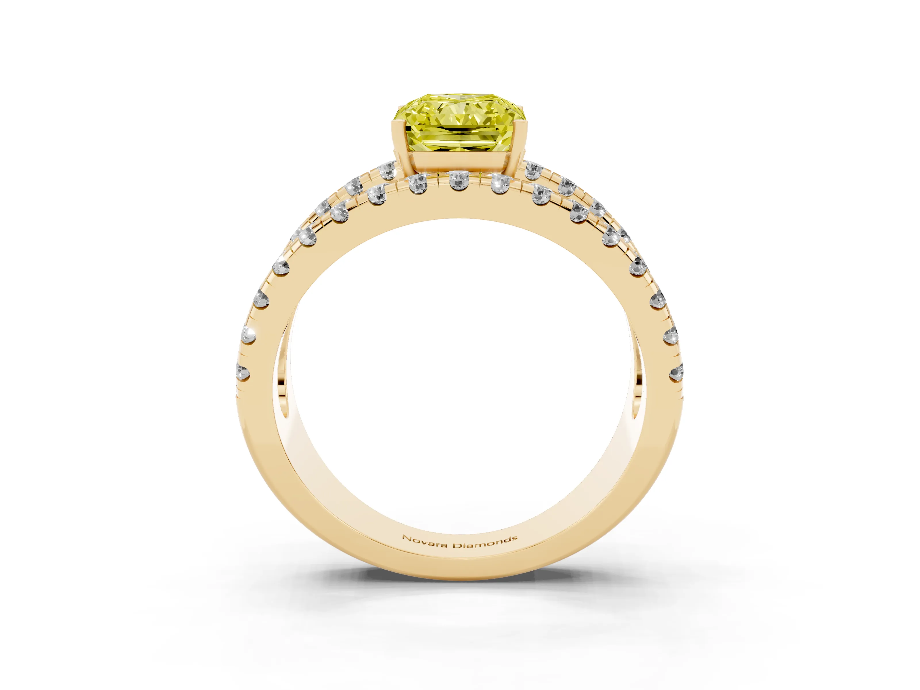 Fancy Yellow Radiant Cut Diamond Split Shank Pavé Solitaire Ring Set in Yellow gold with Open Shank Design
