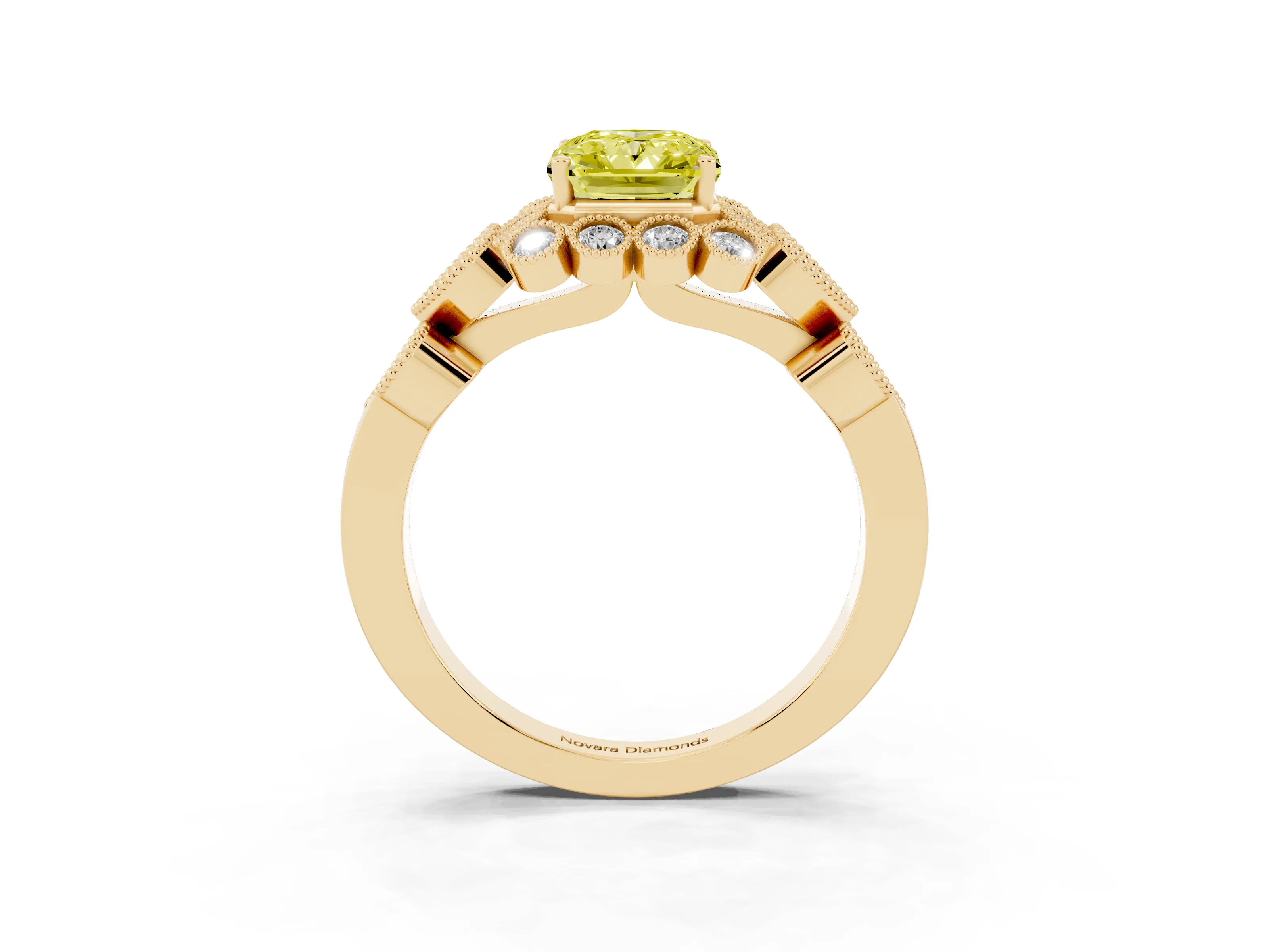 Fancy Yellow Radiant Cut Diamond Solitaire Ring Set in Yellow gold with Milgrain Pavé Heart Band