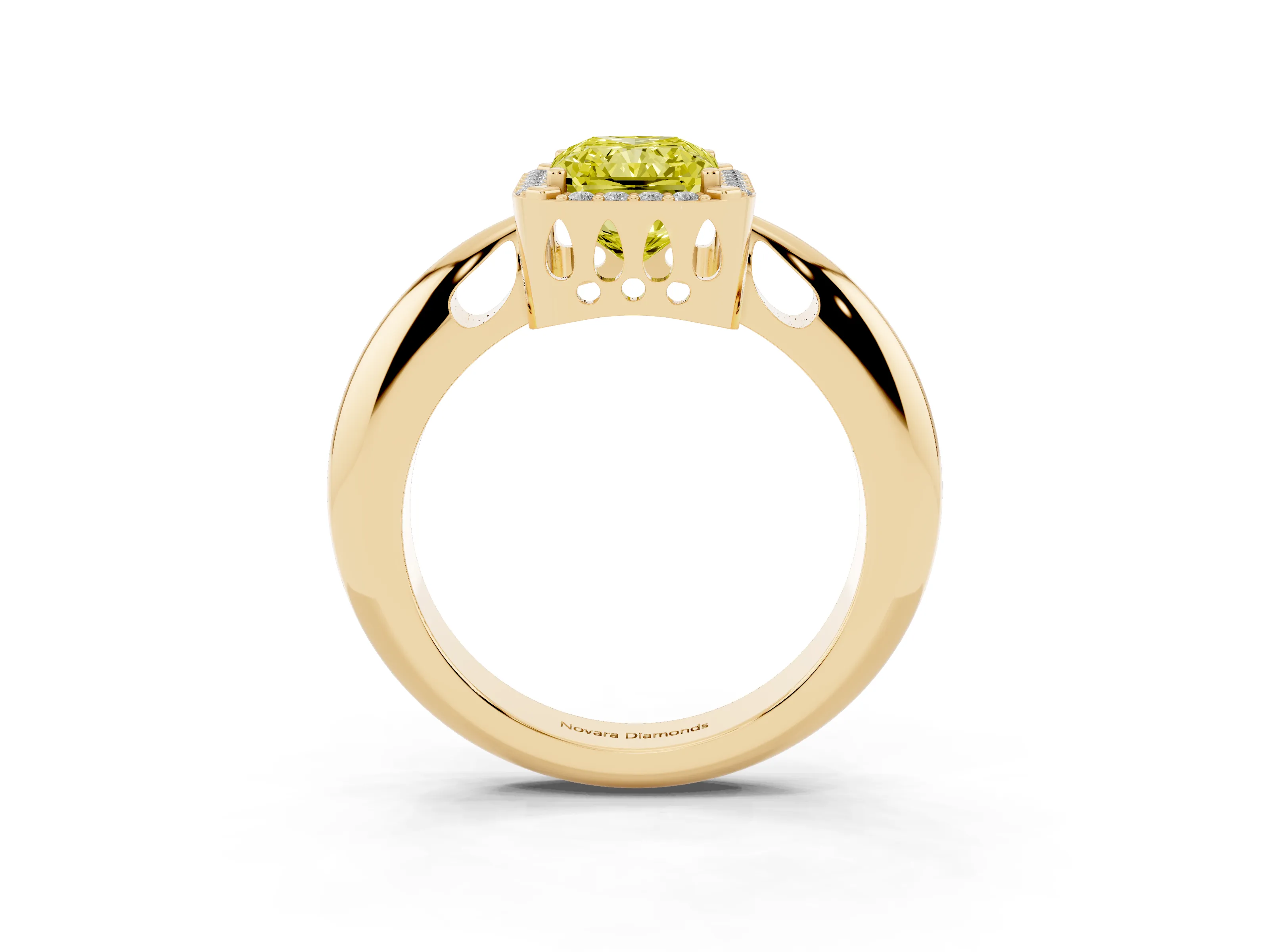 Fancy Yellow Radiant Cut Diamond Halo Engagement Ring Set in Yellow gold with Plain Split Shank and Prong Setting