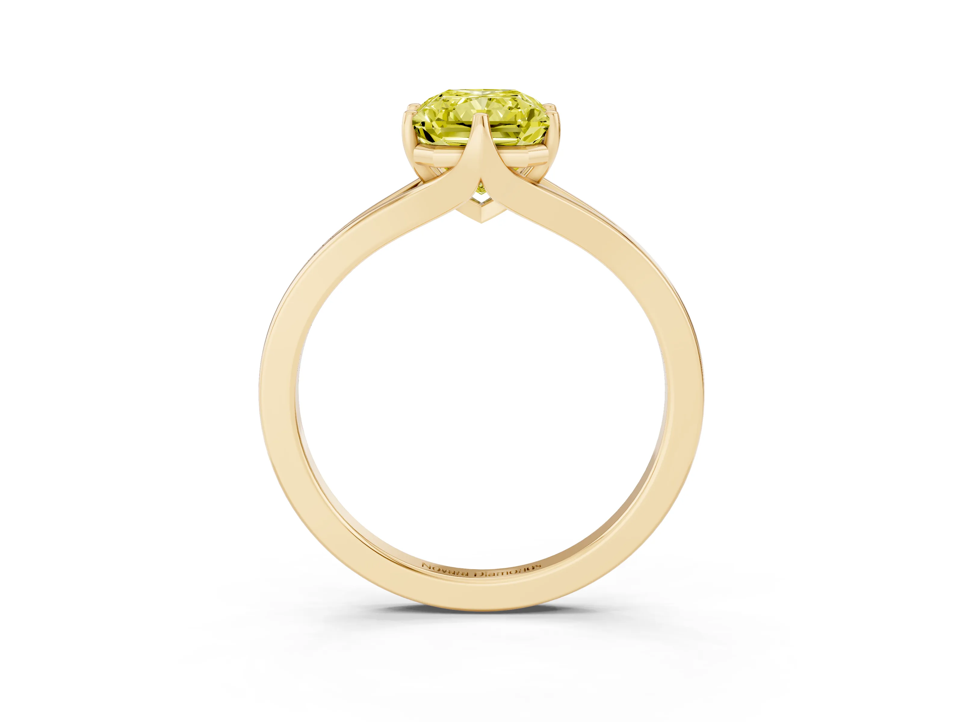 Fancy Yellow Radiant Cut Diamond Solitaire Ring Set in Yellow gold with Polished Tapered Band and Prong Setting