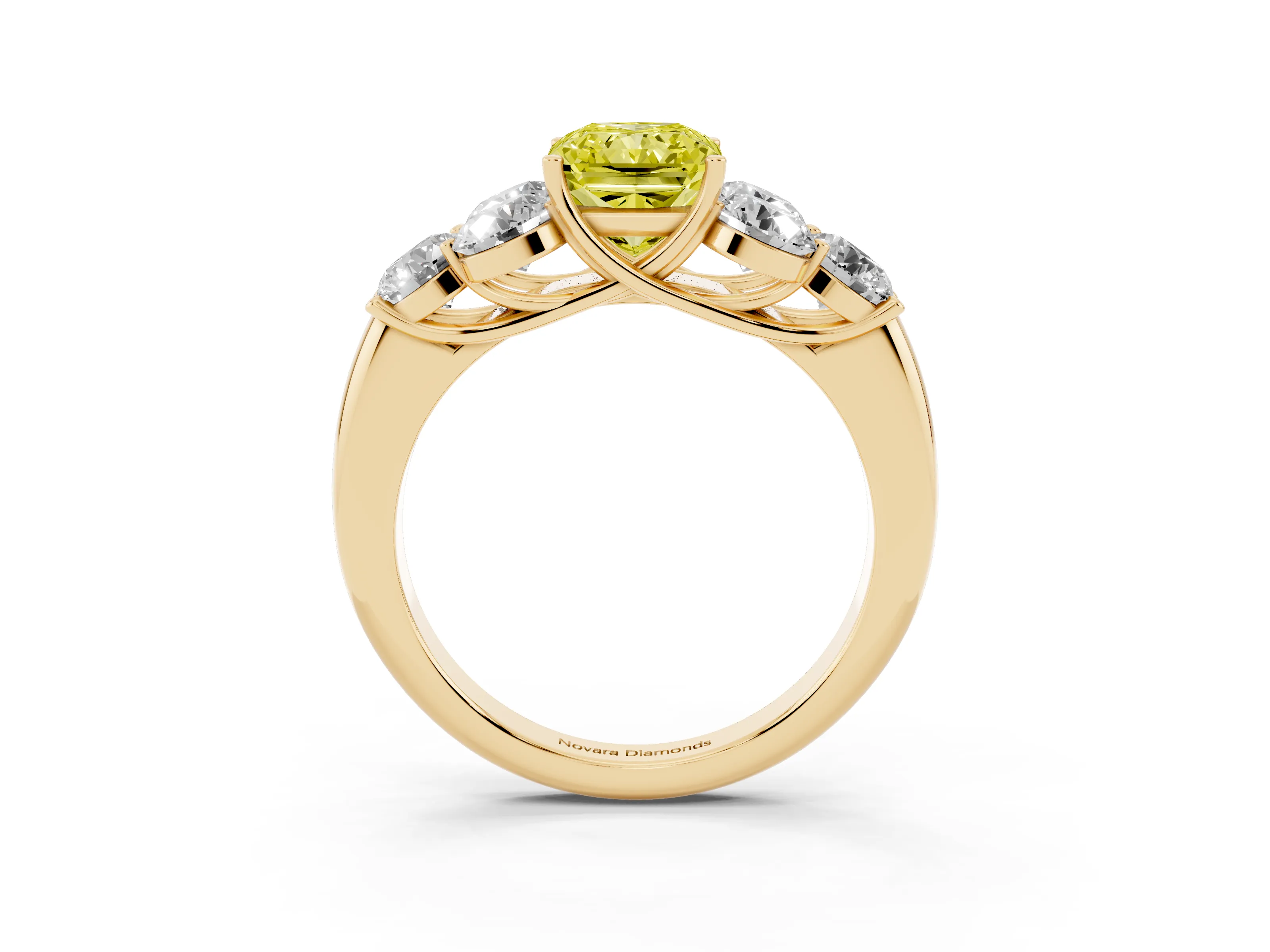 Fancy Yellow Radiant Cut Diamond Cluster Ring Set in Yellow gold with Round Accent Stones and Prong Setting on a Plain Band
