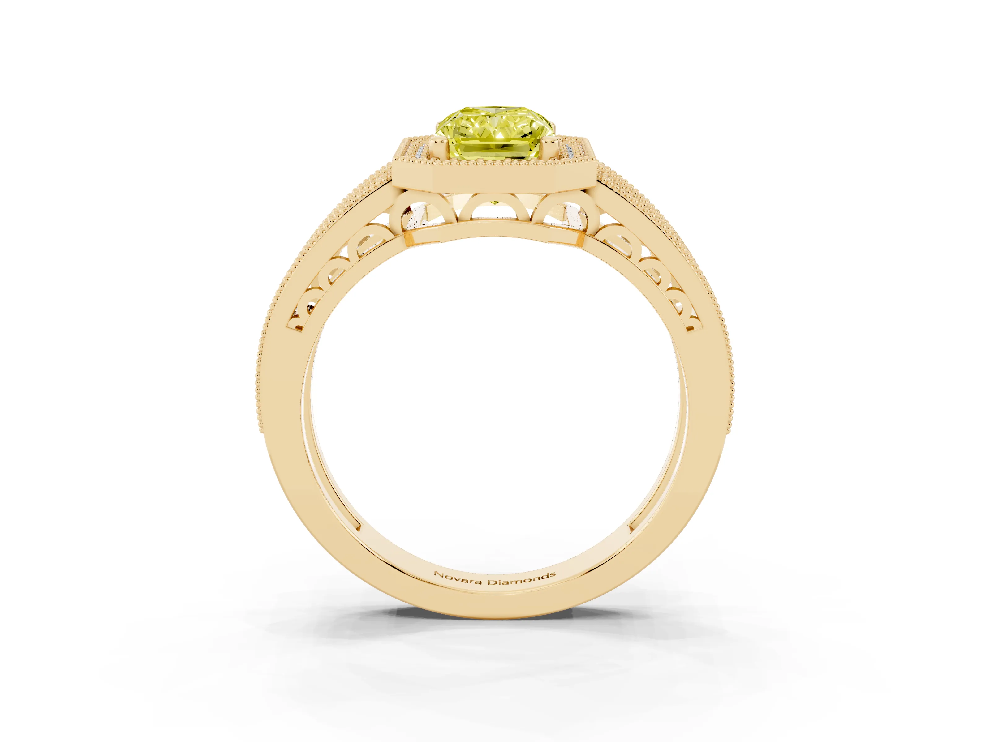 Fancy Yellow Radiant Cut Diamond Halo Ring Set in Yellow gold with Accent Split Shank and Prong Setting