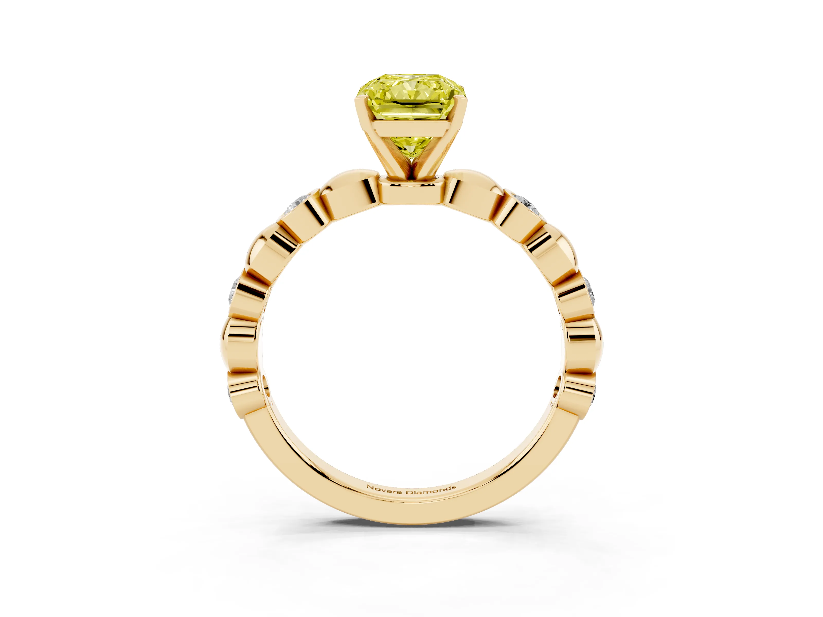 Fancy Yellow Radiant Cut Diamond Solitaire Ring Set in Yellow gold with Bezel-Set Accents on Beaded Band and Prong Setting