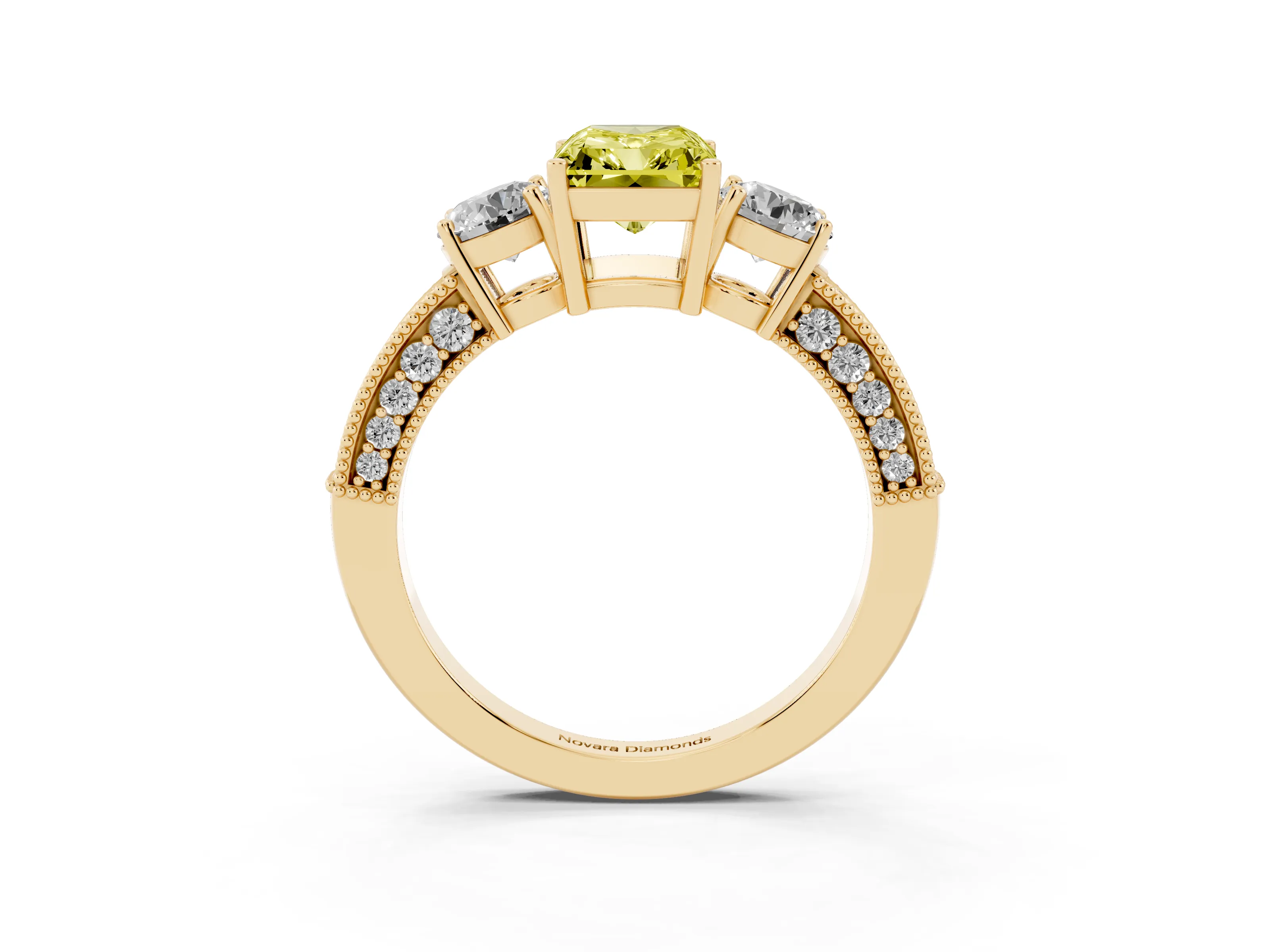 Fancy Yellow Radiant Cut Diamond Three-Stone Ring Set in Yellow gold with Round Side Stones and Pavé Band