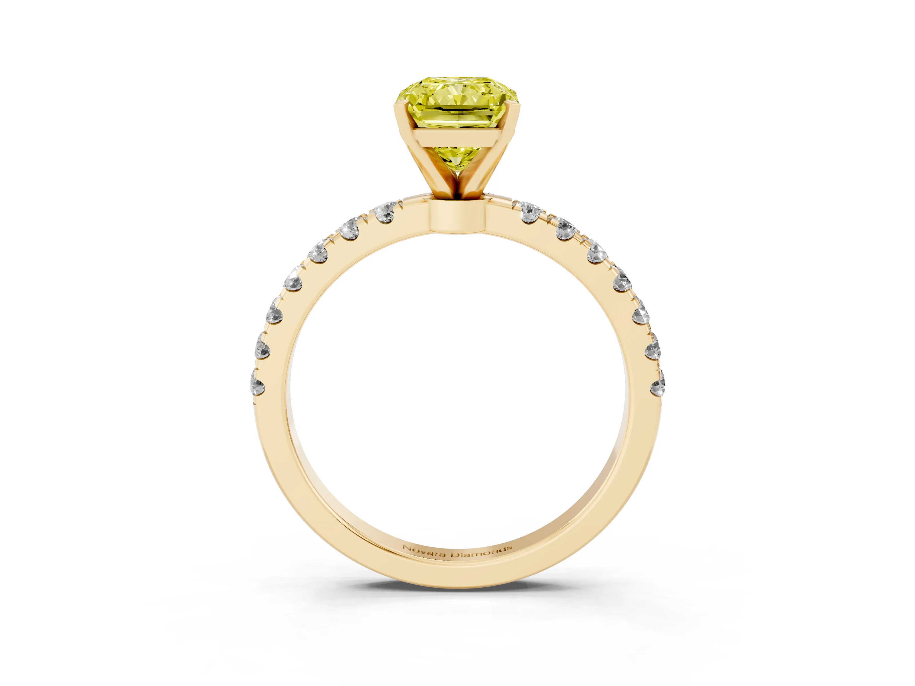 Fancy Yellow Radiant Cut Diamond Solitaire Ring Set in Yellow gold with Pavé Accents and Prong Setting