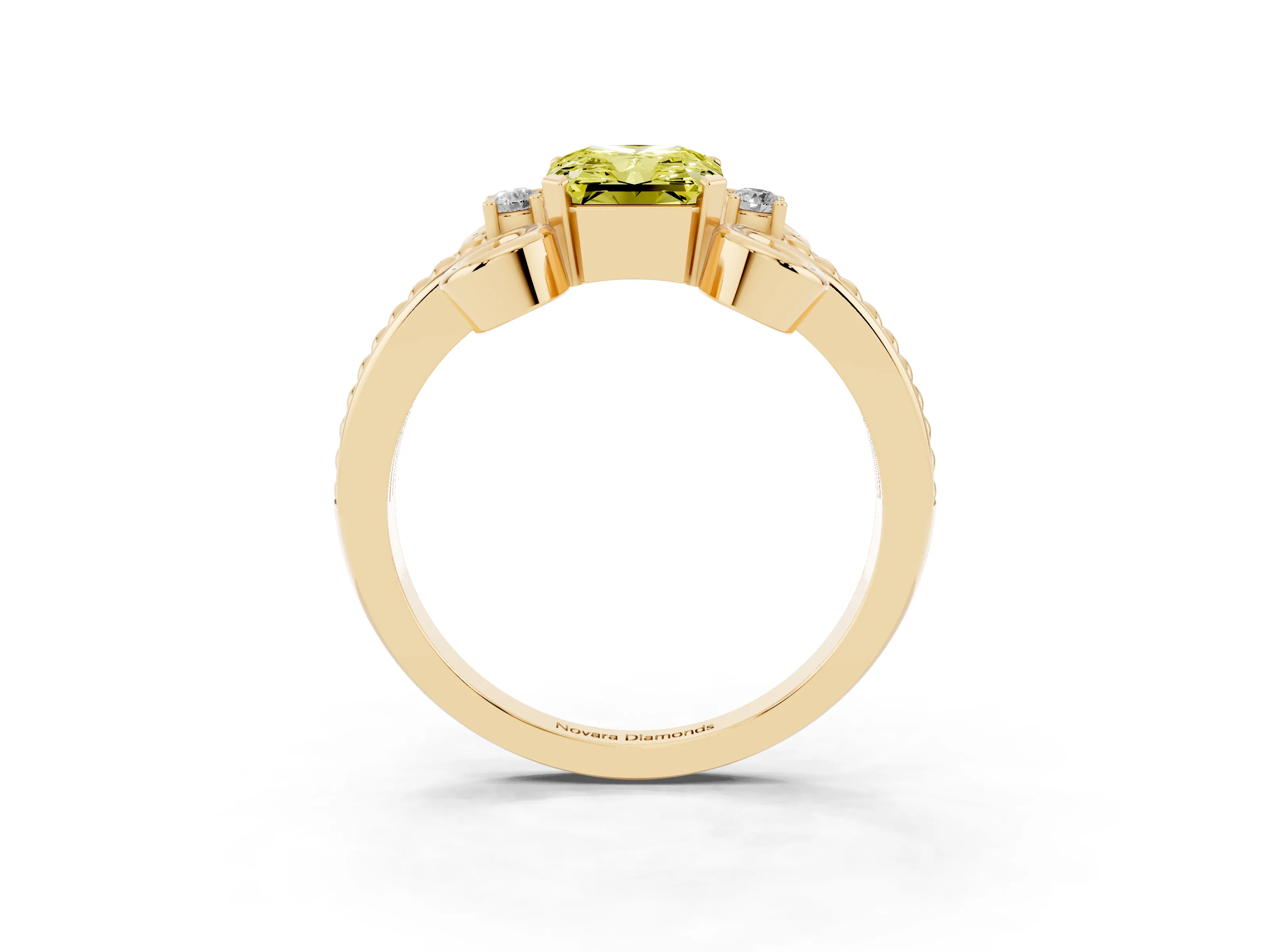 Fancy Yellow Radiant Cut Diamond Twisted Band Solitaire Ring Set in Yellow gold with Scroll Prongs