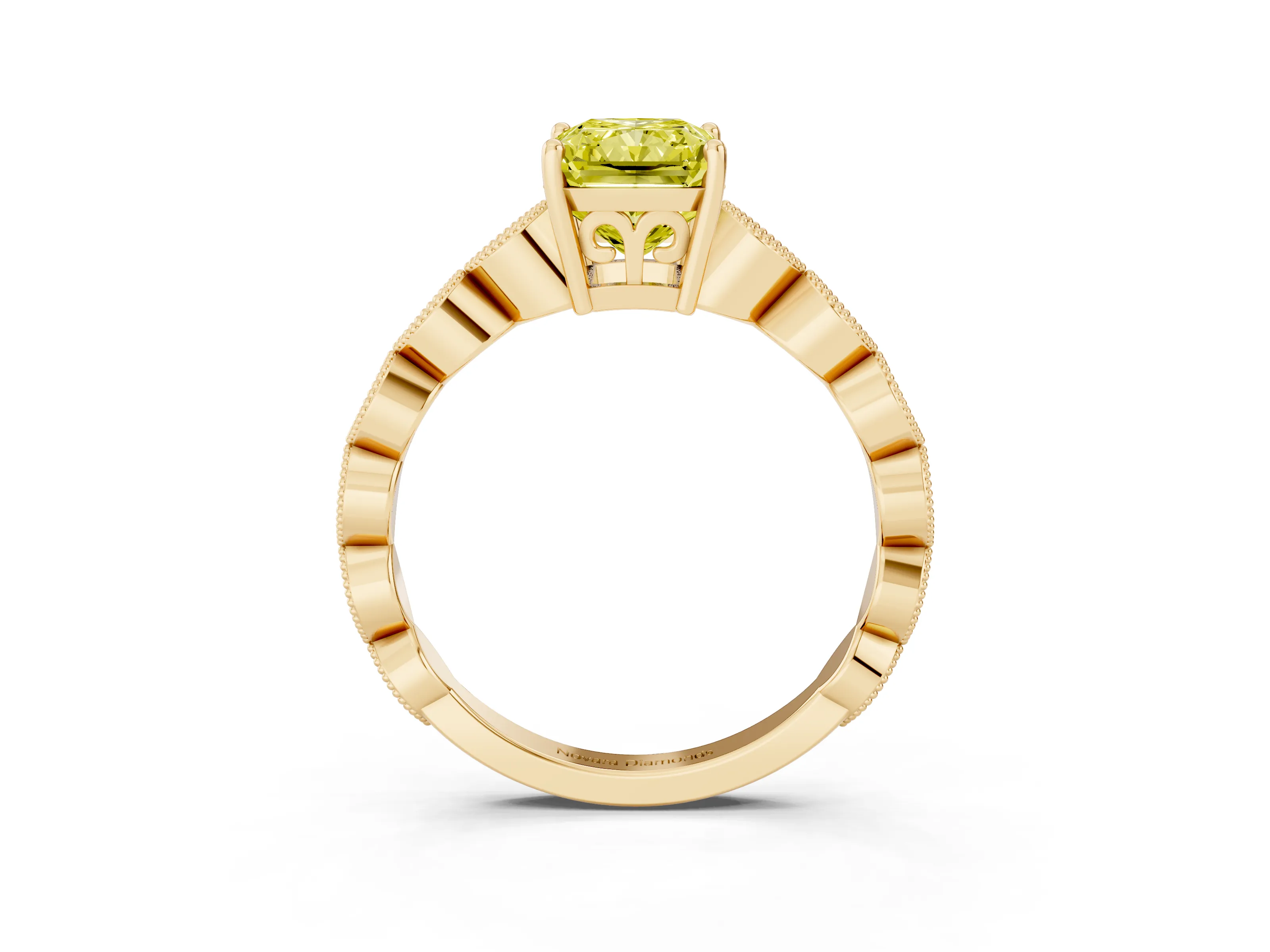 Fancy Yellow Radiant Cut Diamond Solitaire Ring Set in Yellow gold with Infinity Twist Pavé Band