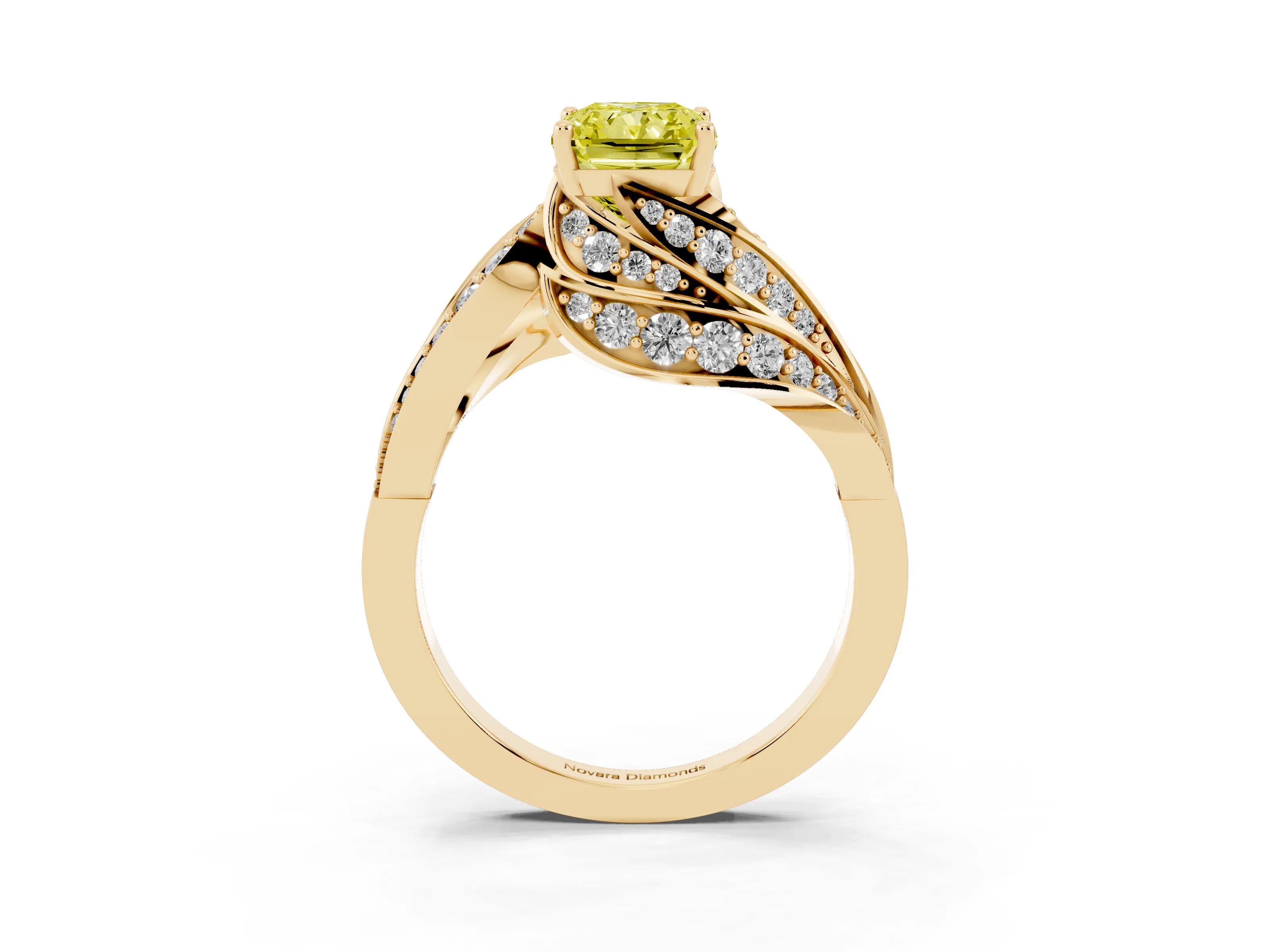 Fancy Yellow Radiant Cut Diamond Solitaire Ring Set in Yellow gold with Layered Twist Pavé Band