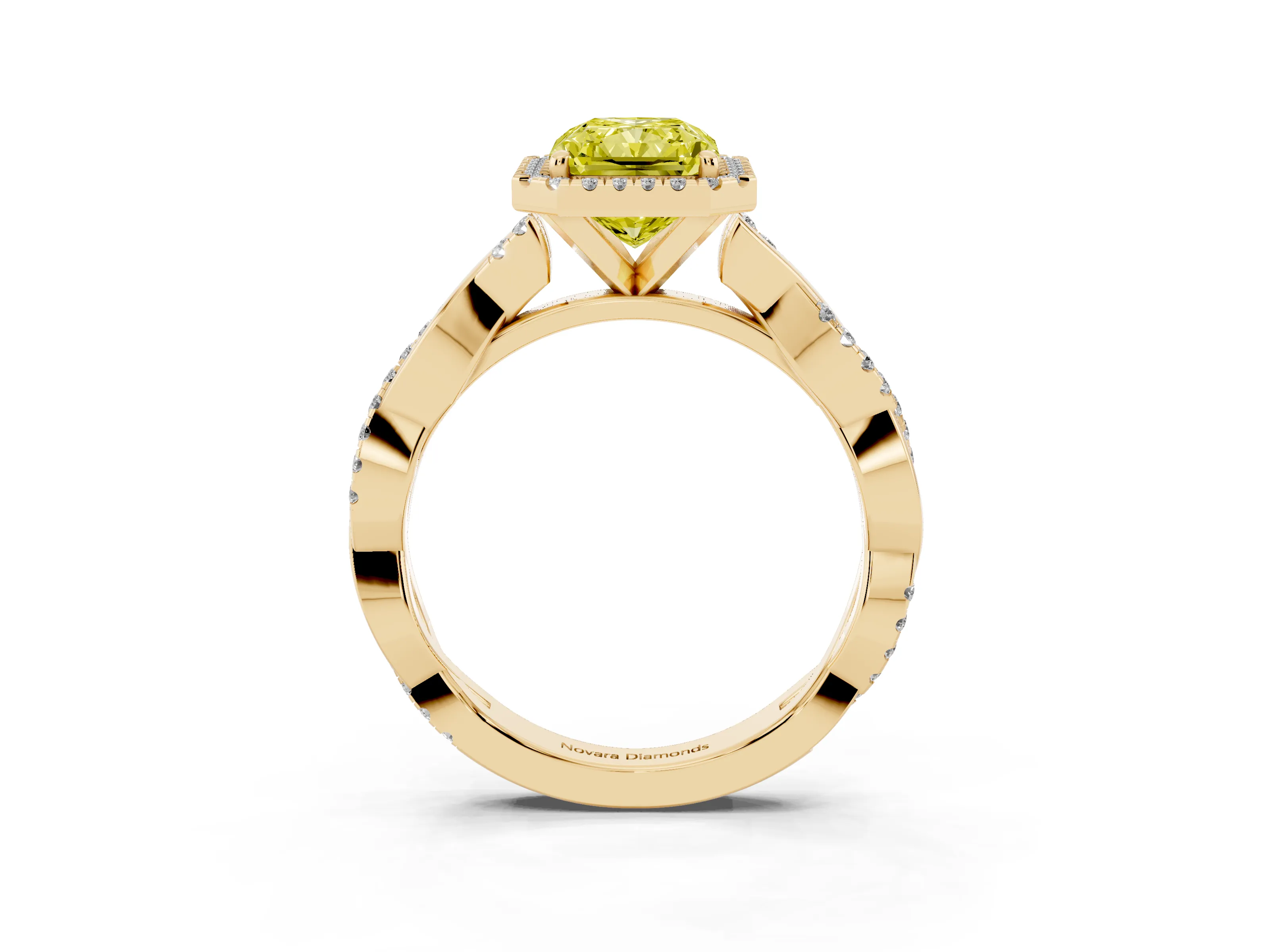 Fancy Yellow Radiant Cut Diamond Halo Twisted Band Ring Set in Yellow gold with Prong Setting