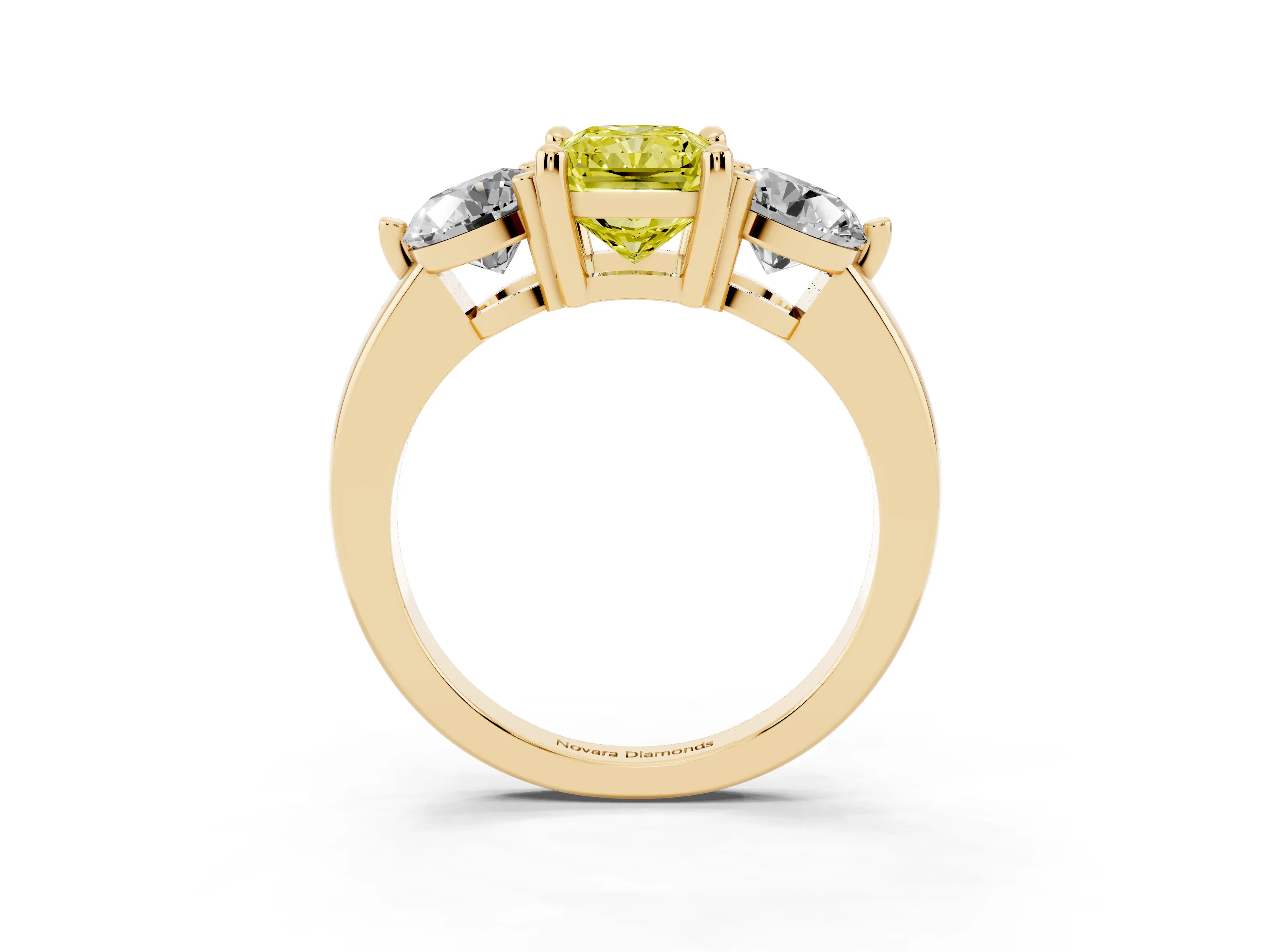 Fancy Yellow Radiant Cut Diamond Three-Stone Ring Set in Yellow gold with Prong Setting and Classic Band