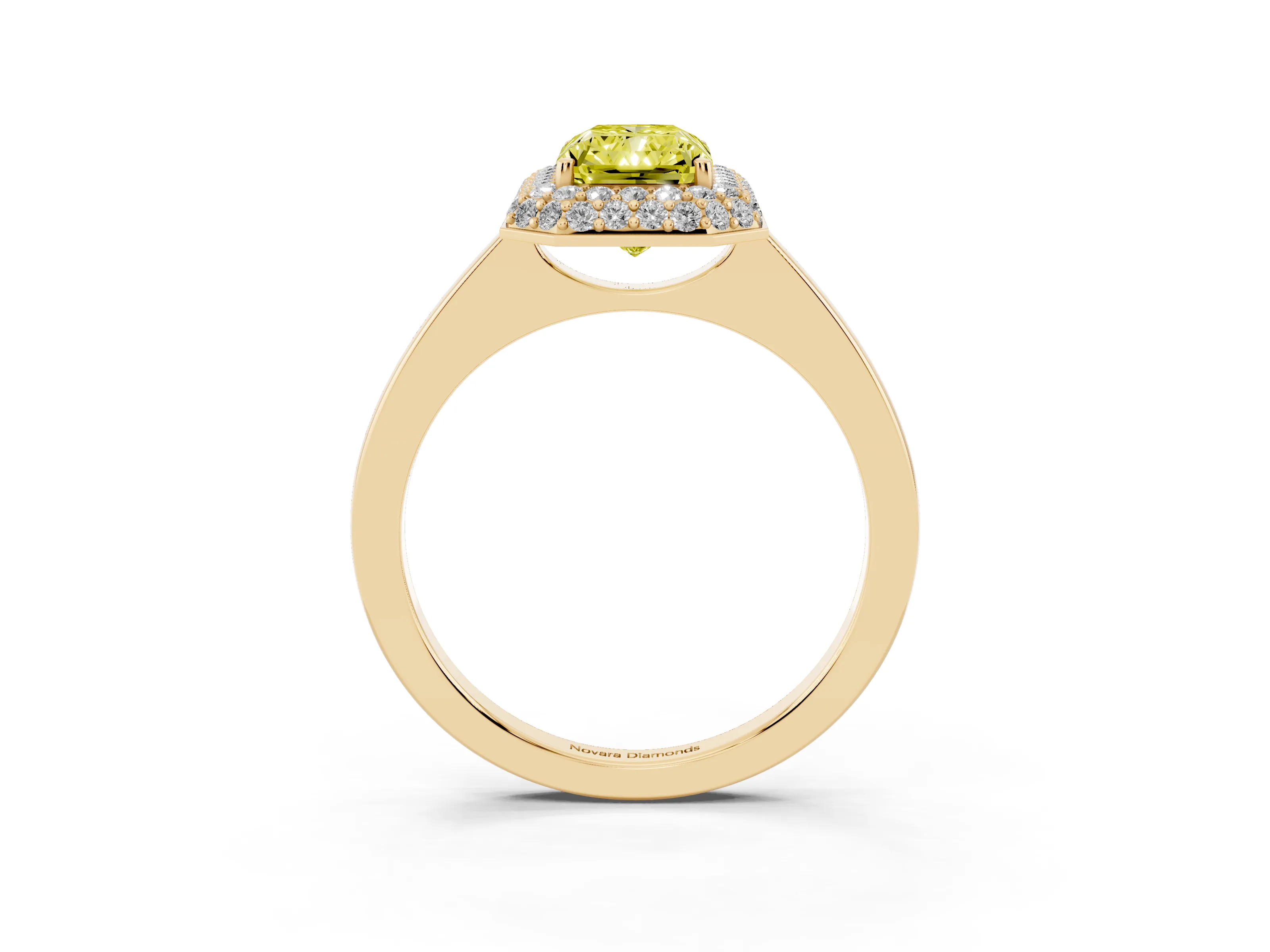 Fancy Yellow Radiant Cut Diamond Halo Engagement Ring Set in Yellow gold with Solitaire Band and Prong Setting