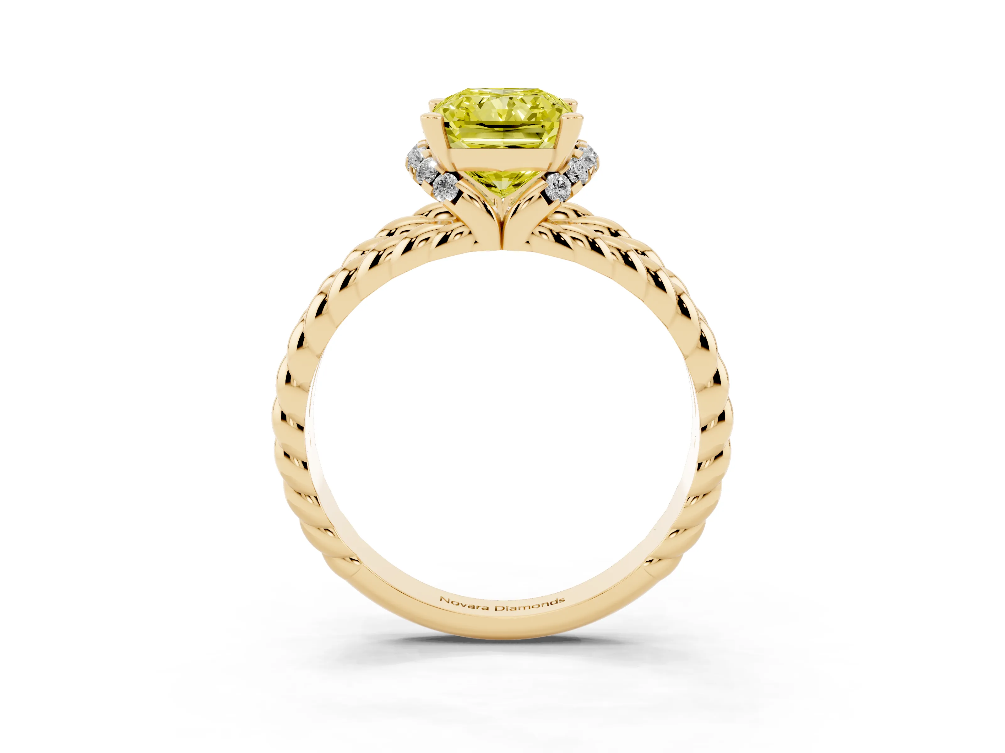 Fancy Yellow Radiant Cut Diamond Halo Ring Set in Yellow gold with Twisted Band and Prong Setting